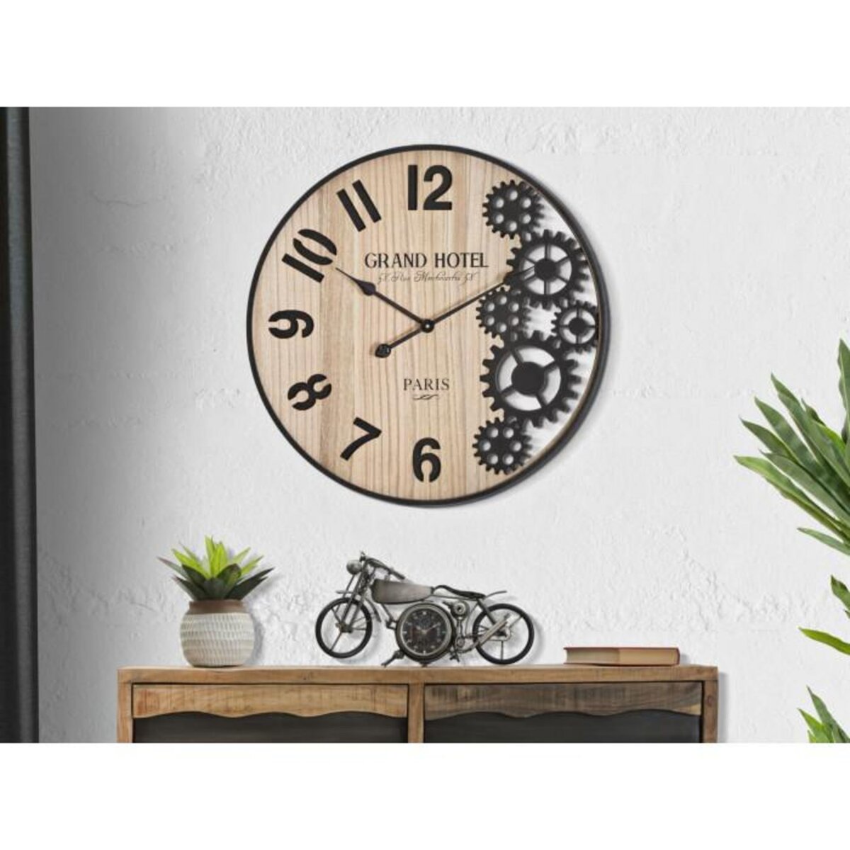 Paris Prix Horloge Murale Engrenage  Grand Hotel  60cm Naturel & Noir