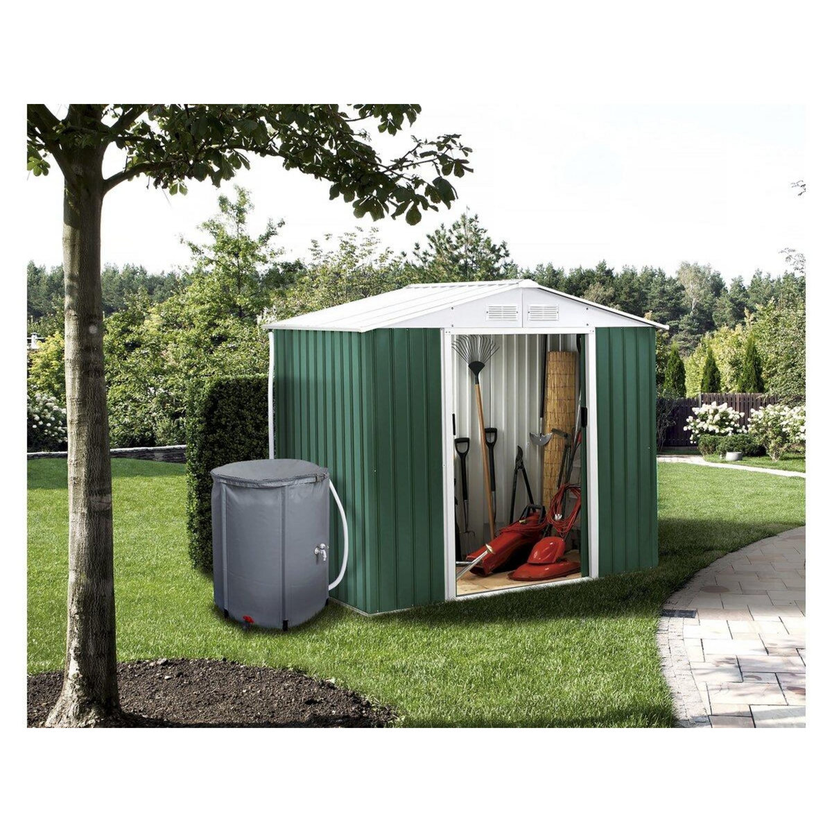 Habitat et Jardin Abri de jardin métal -  Rosas   - 4,07 m² avec récupérateur d'eau et gouttière - Vert