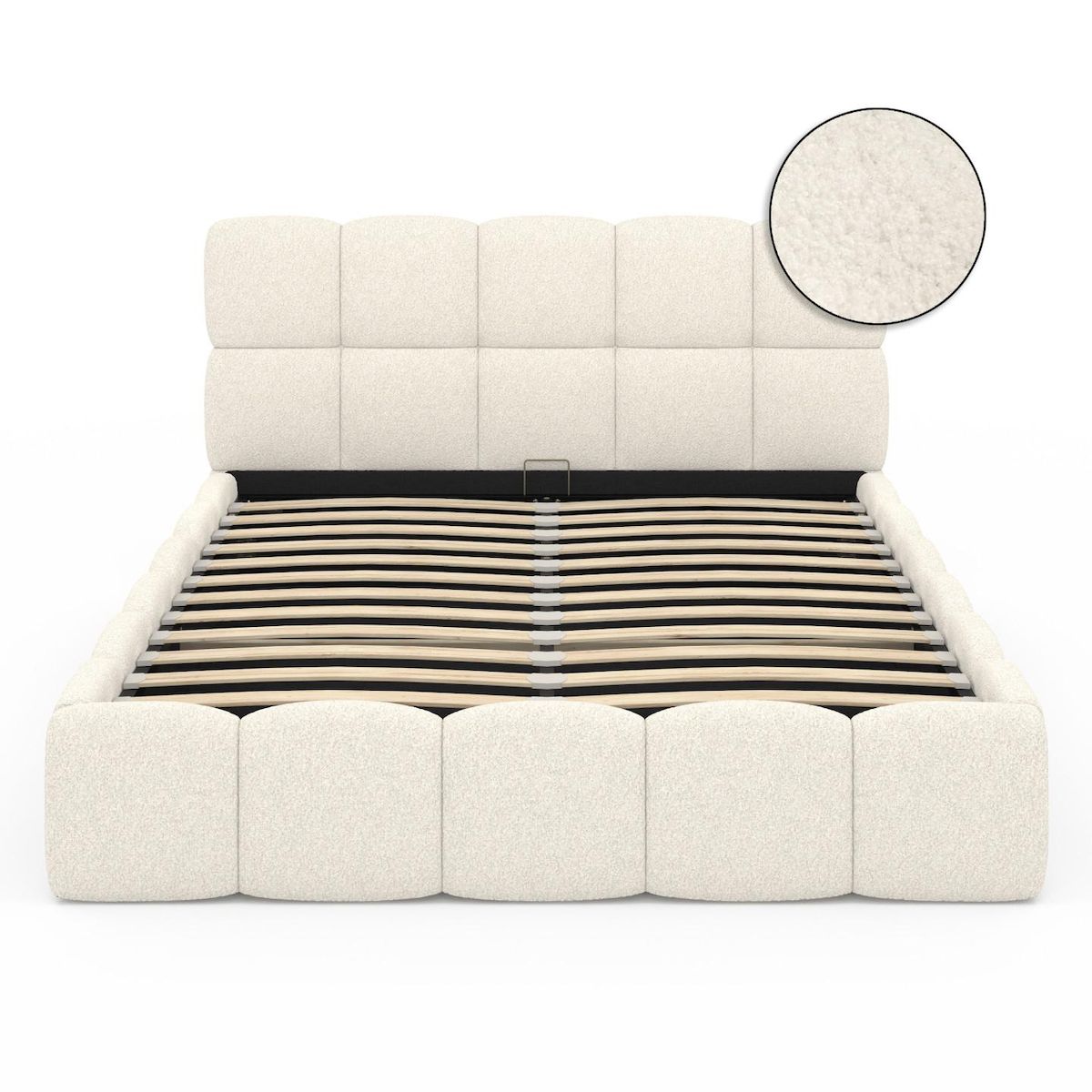 ID MARKET Lit coffre double NUAGE avec tête de lit matelassée et sommier 140 x 190 cm tissu bouclette blanc