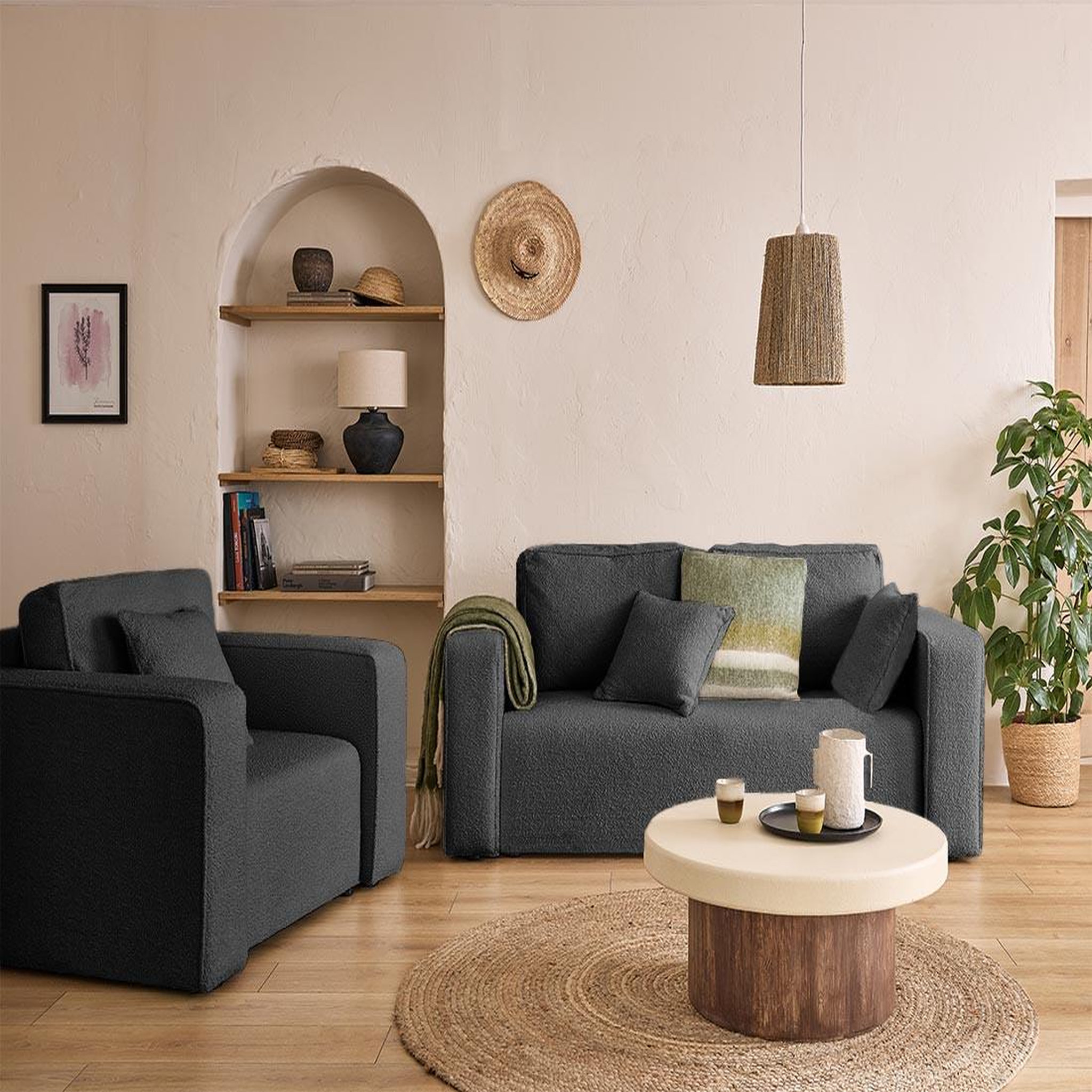 Voir la diapositive 2 : BEST MOBILIER Topaze - canapé droit 2 places - en tissu bouclette
