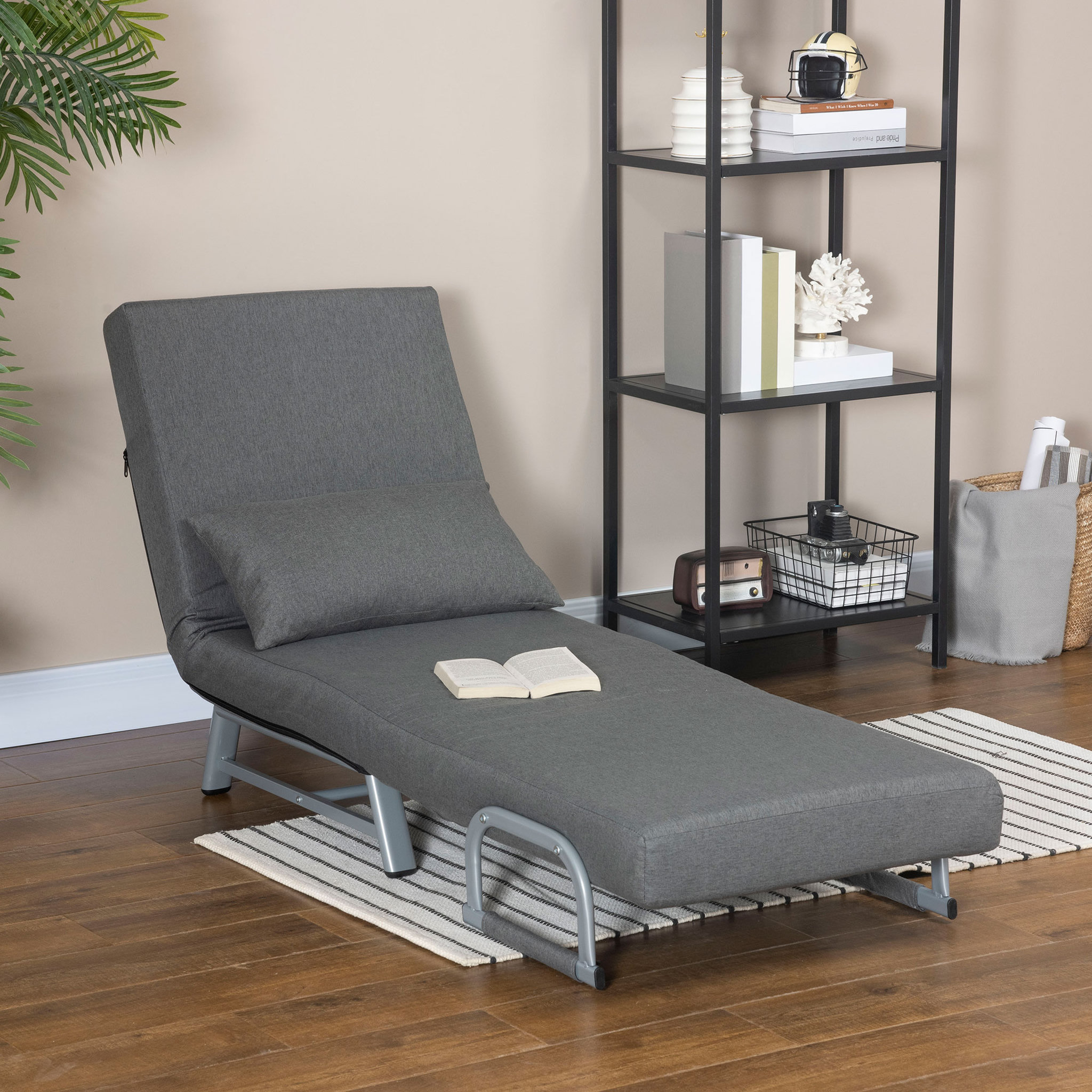 Voir la diapositive 4 : HOMCOM Fauteuil chauffeuse canapé-lit convertible inclinable 1 place grand confort coussin lombaires accoudoirs piètement métal lin gris foncé