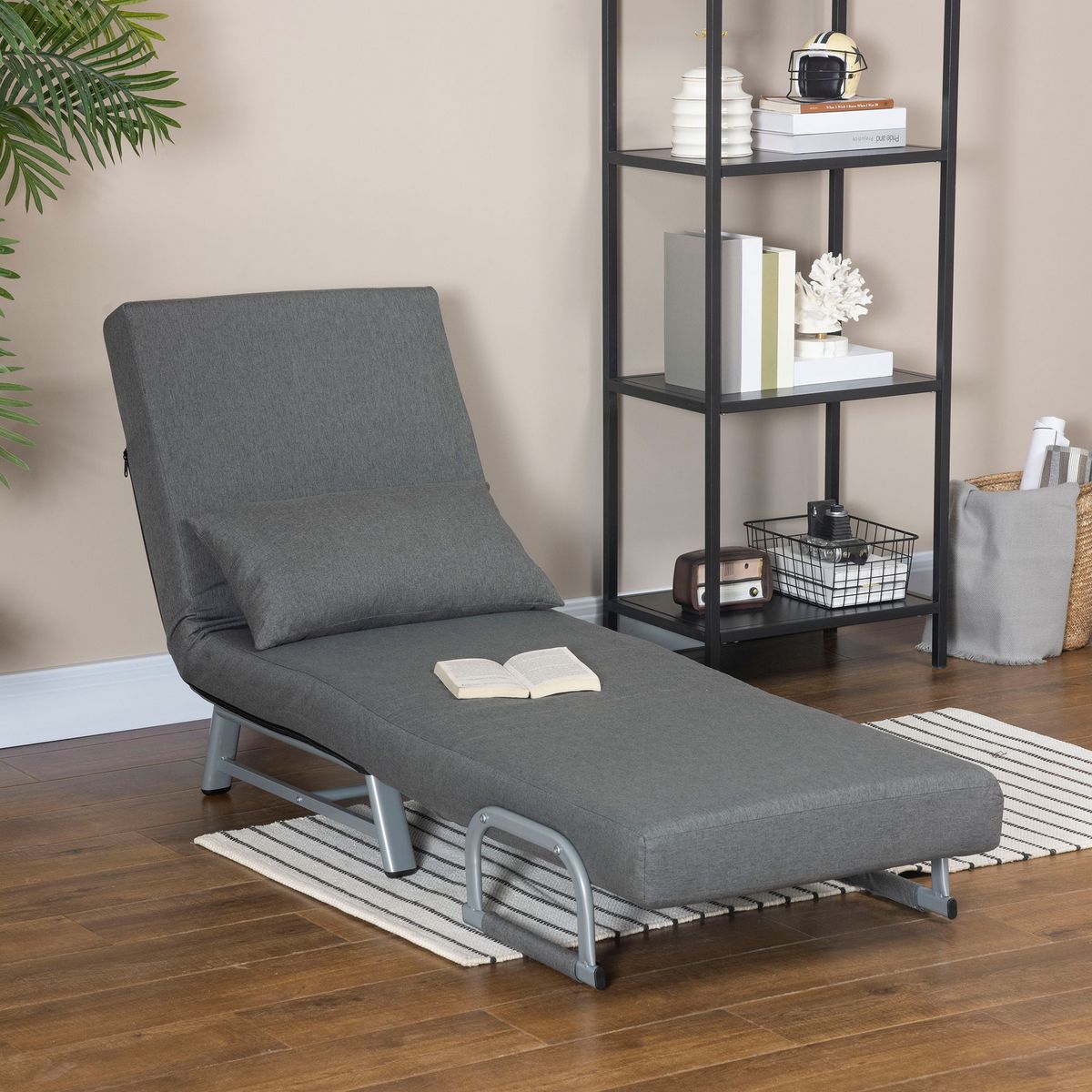 HOMCOM Fauteuil chauffeuse canapé-lit convertible inclinable 1 place grand confort coussin lombaires accoudoirs piètement métal lin gris foncé