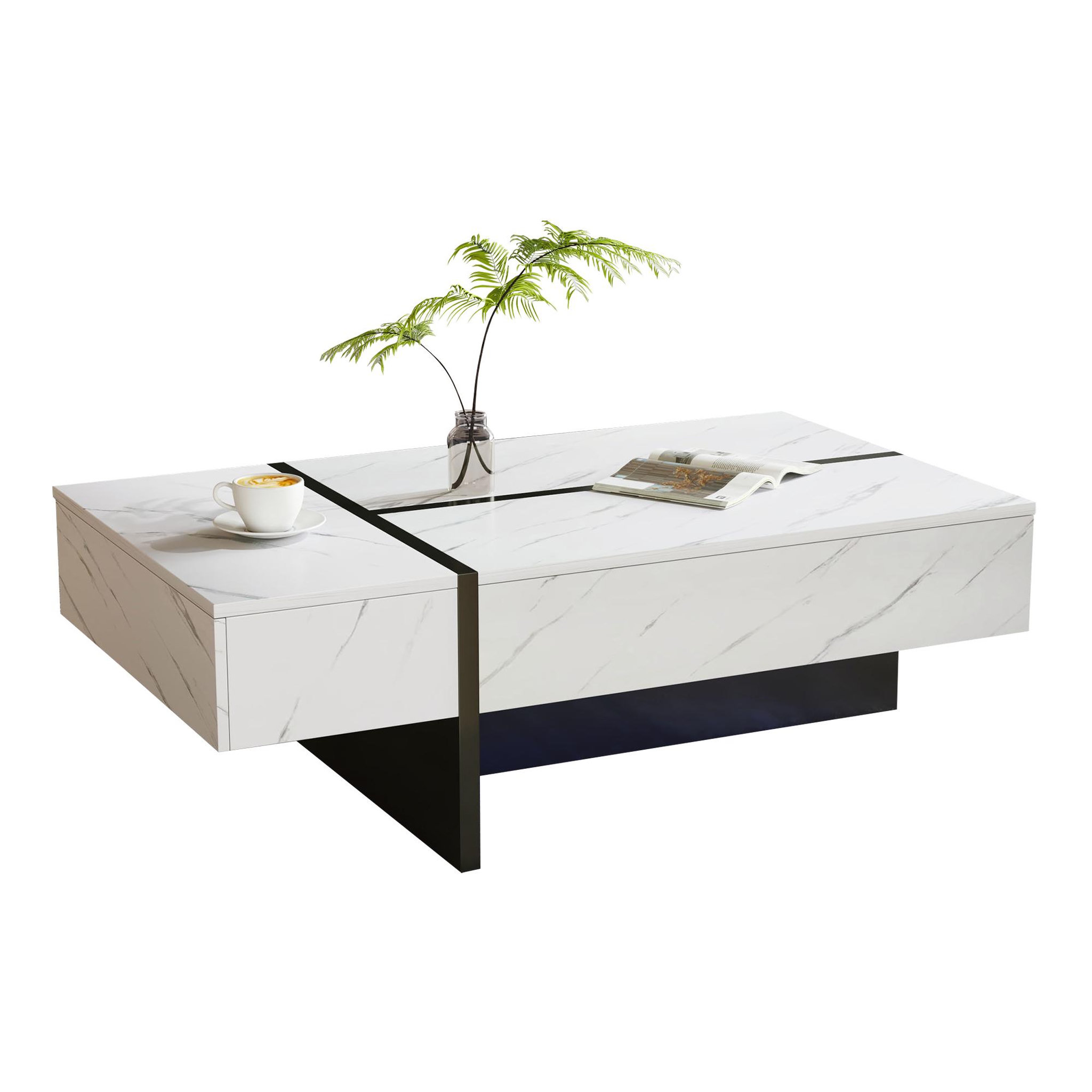 MERAX Table basse rectangulaire blanc avec 3 tiroirs - 60x105 cm led panneau de particules