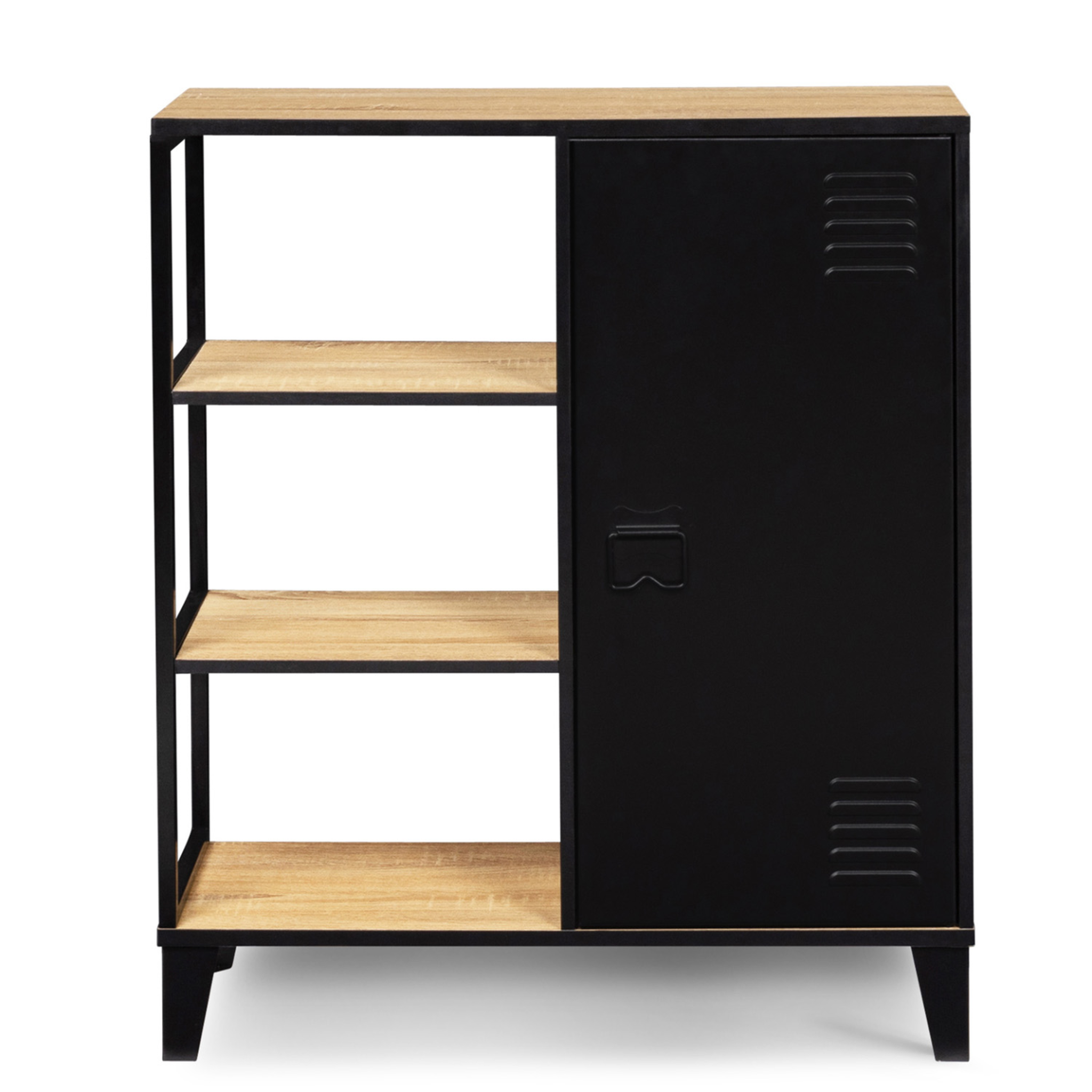 Voir la diapositive 3 : ID MARKET Buffet d'appoint 3 étagères et placard métal noir et plateau bois 70 cm ester design industriel