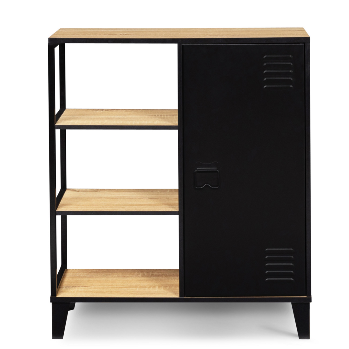 ID MARKET Buffet d'appoint 3 étagères et placard métal noir et plateau bois 70 cm ESTER design industriel