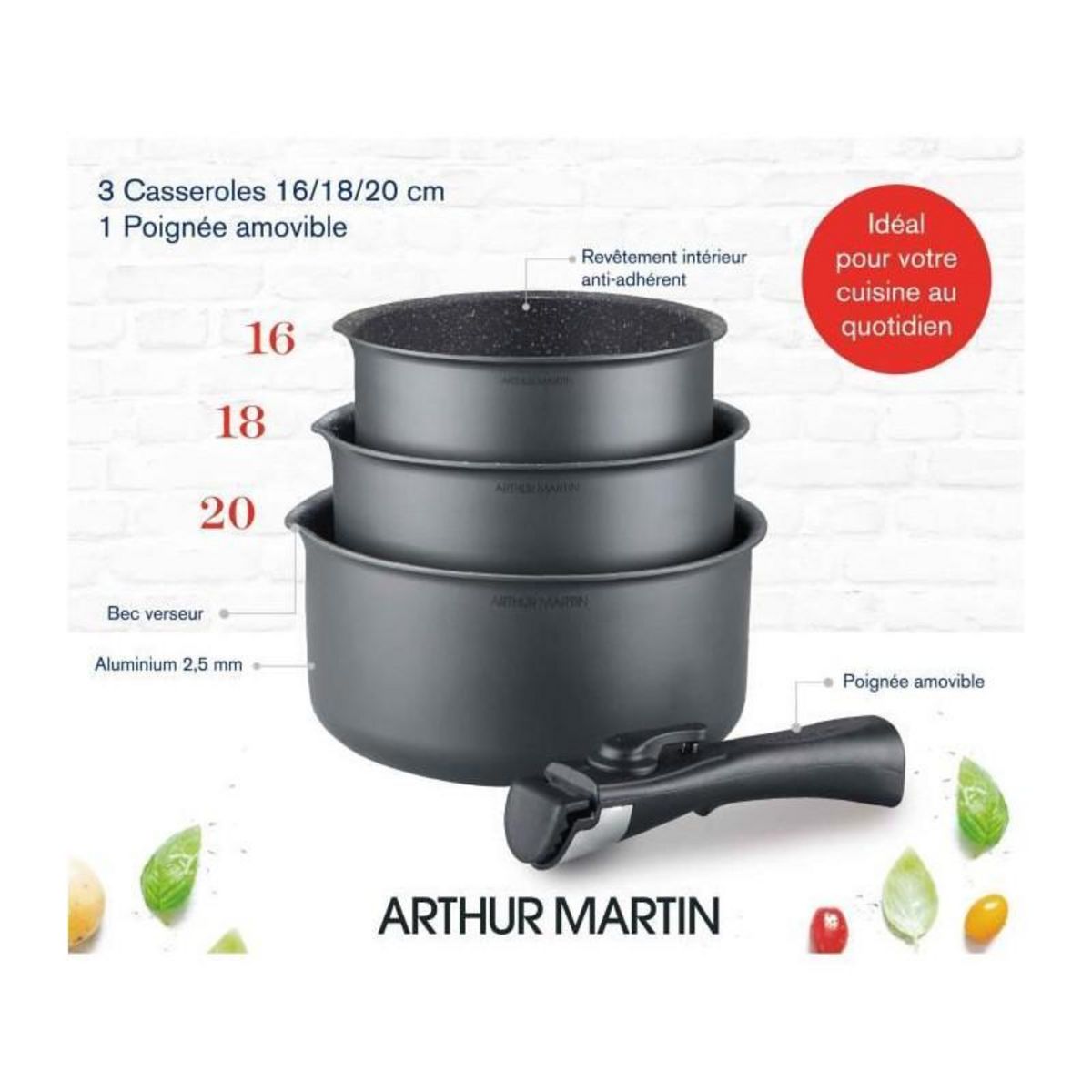 Arthur Martin Batterie de cuisine ARTHUR MARTIN AM777GM Set de 3 casseroles - Gris Mat 16-18-20 cm + 1 poignée amovible - Tous feux dont indu