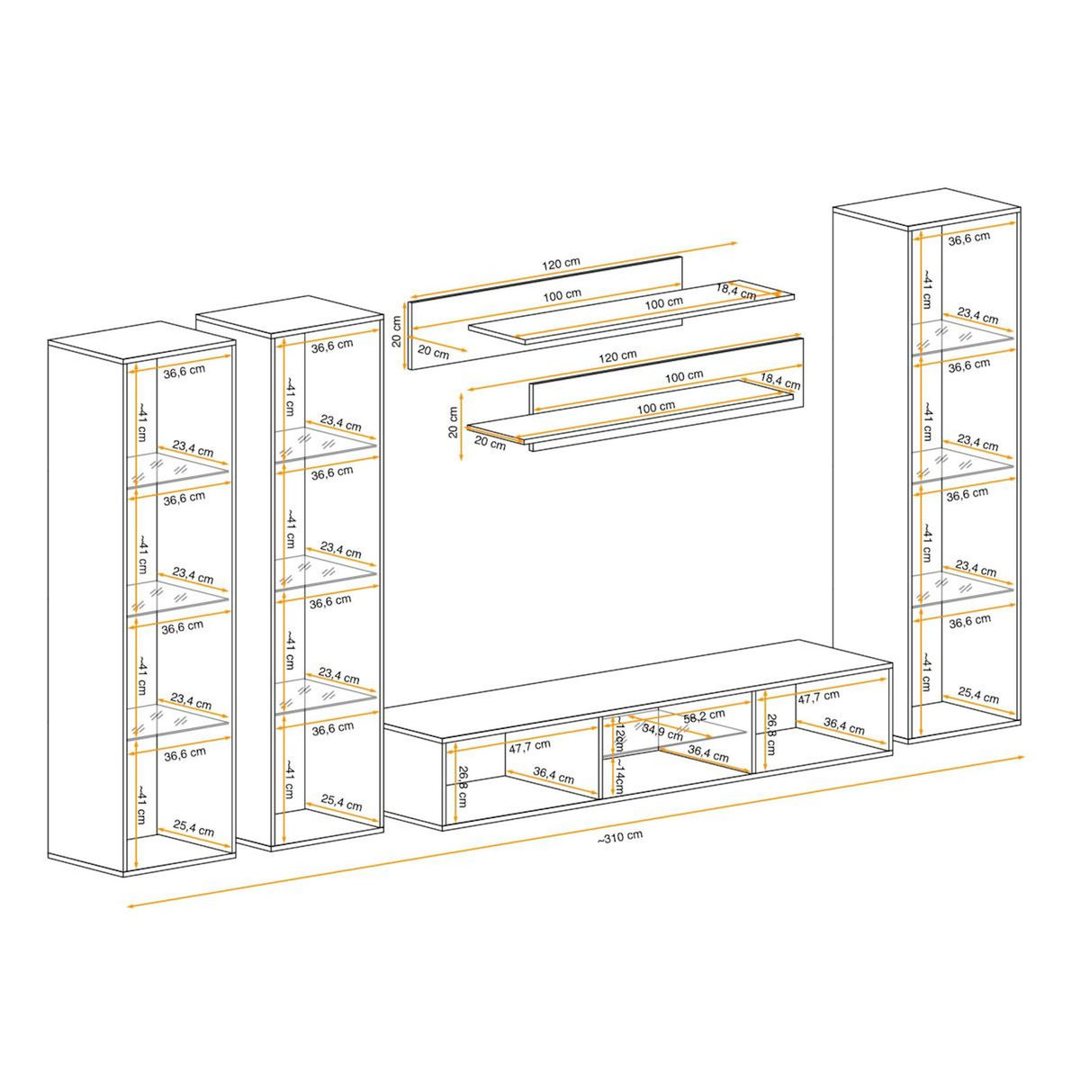 Paris Prix Meuble TV Mural Design  Fly P2  310cm Blanc & Noir