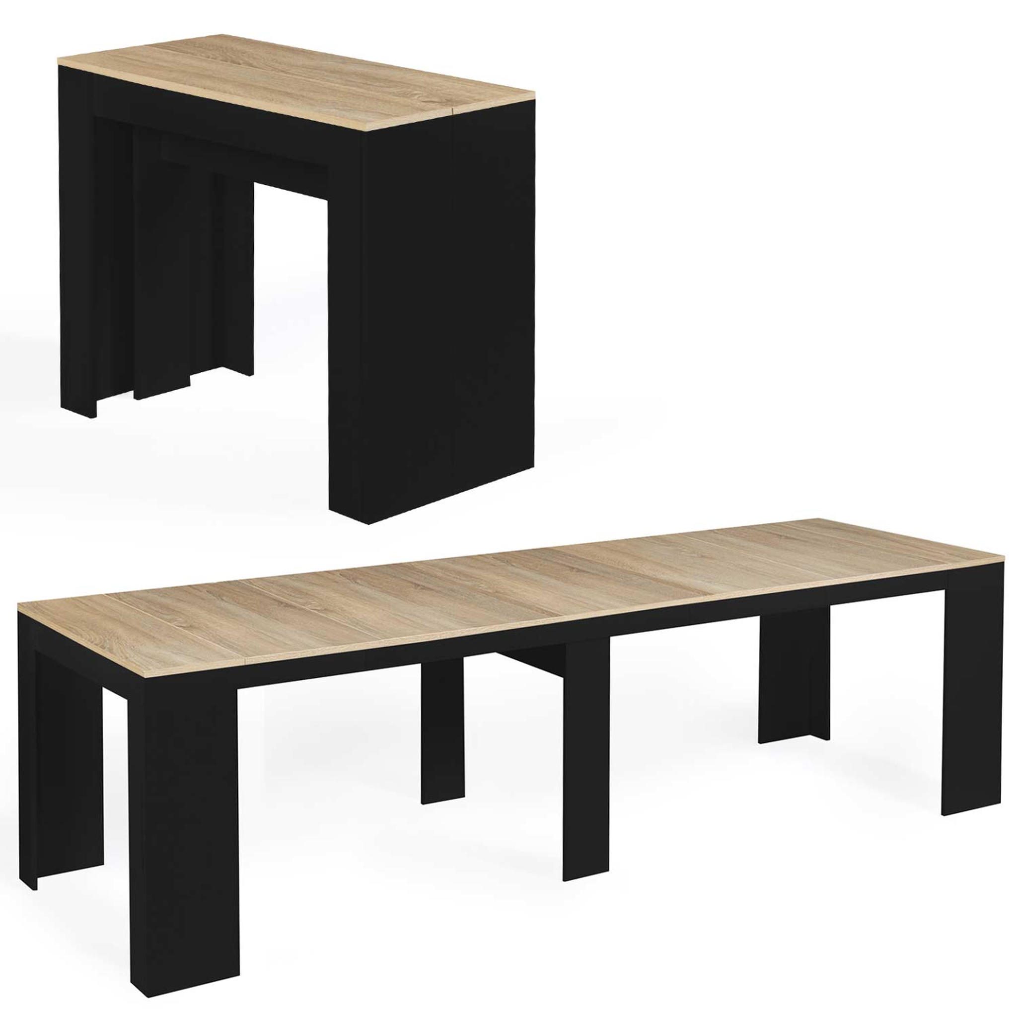 ID MARKET Table console extensible orlando 14 personnes 300 cm bois noir et façon hêtre