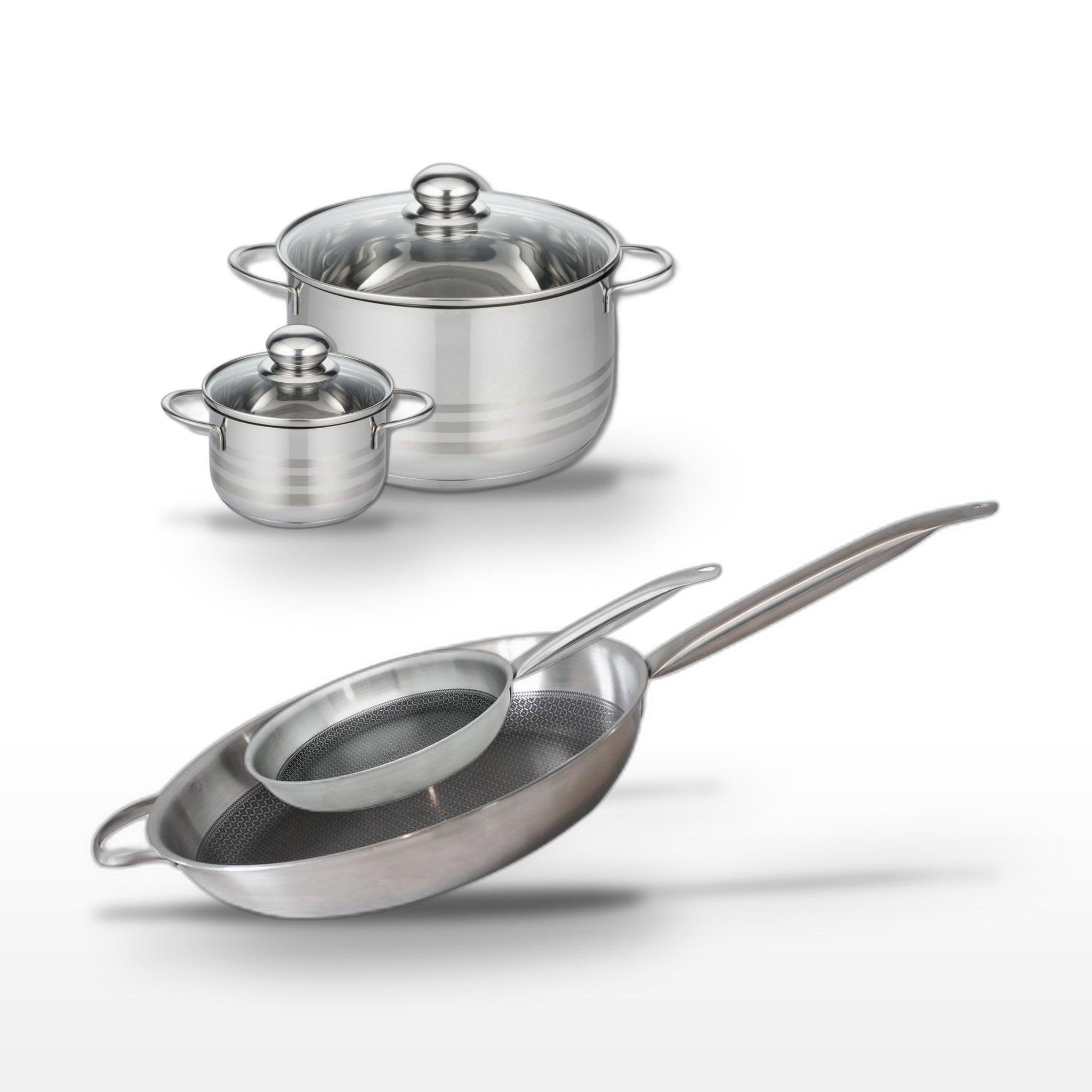ELO Batterie de cuisine avec 2 faitouts 12/24 cm et 2 poêles de cuisson 24/32 cm en inox et acier sans pfas elo collection relief solution brillant