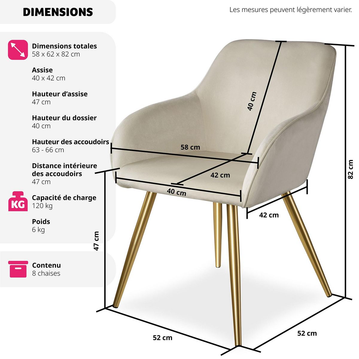 tectake Ensemble de 8 chaises rembourrées aspect velours crème et or