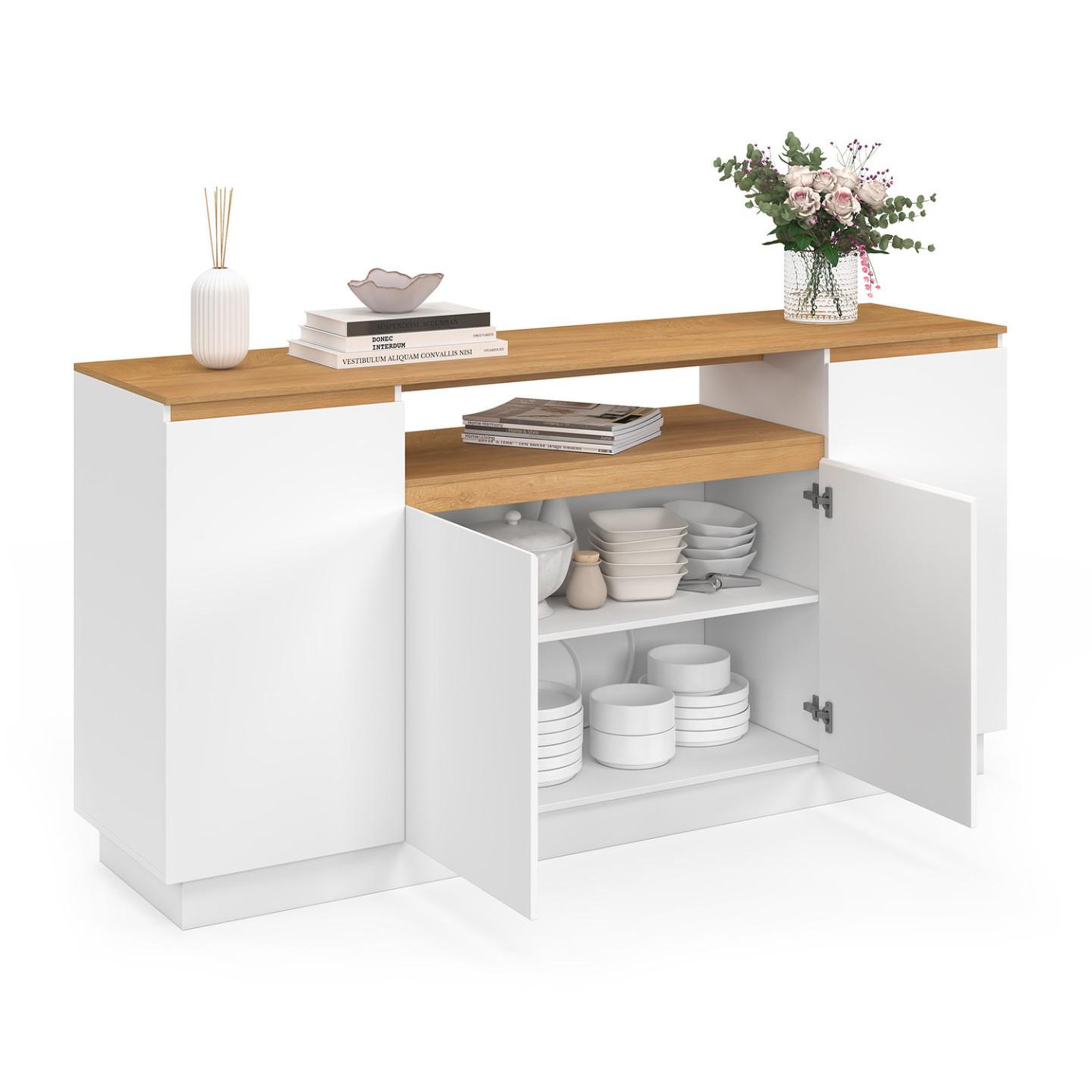Voir la diapositive 4 : ID MARKET Buffet 160 cm serena 4 portes avec niche centrale blanc et plateau effet bois