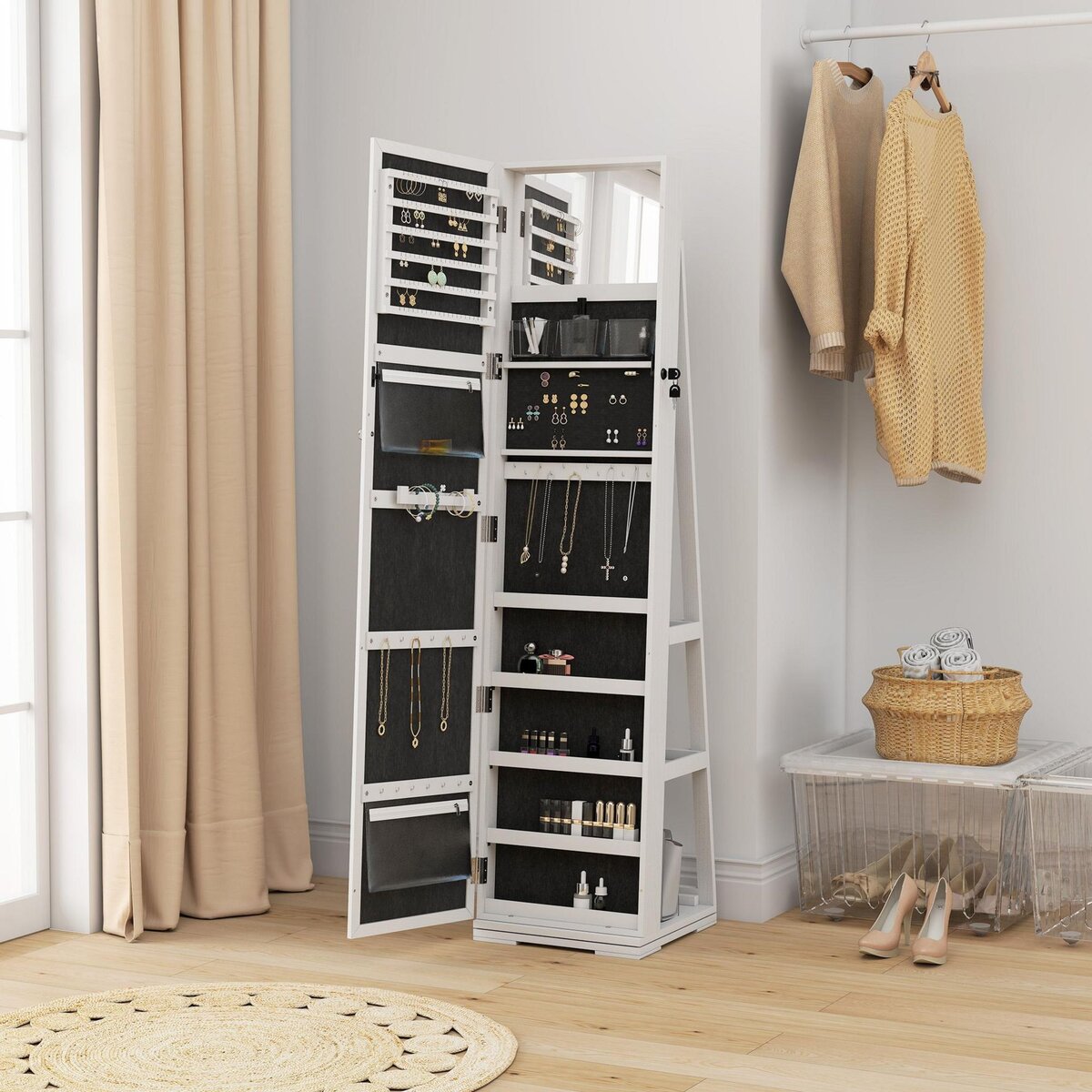 HOMCOM Armoire à bijoux pivotante verrouillable avec miroir - armoire bijoux multi-rangement - MDF gris clair