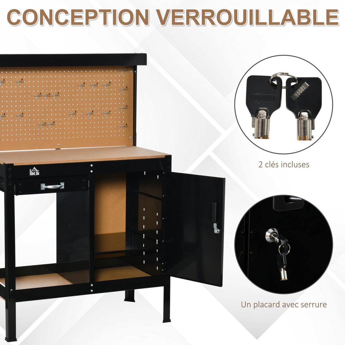 HOMCOM HOMCOM Établi d'atelier - établi métallique - plan de travail - panneau perforé, niche, tiroir, placard verrouillable - métal MDF noir