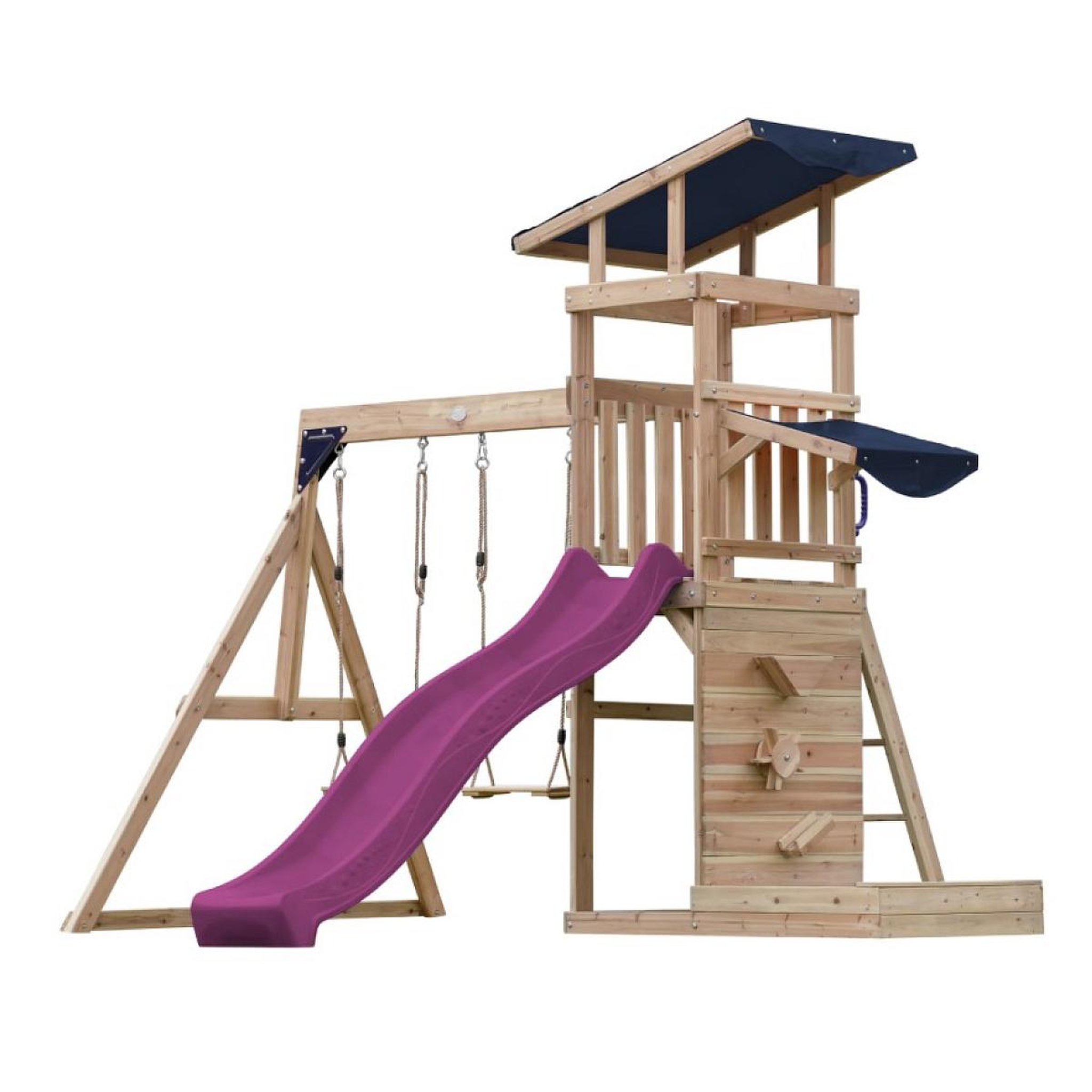 Voir la diapositive 4 : Axi House Portique Malik 2 balançoires + mur toboggan violet