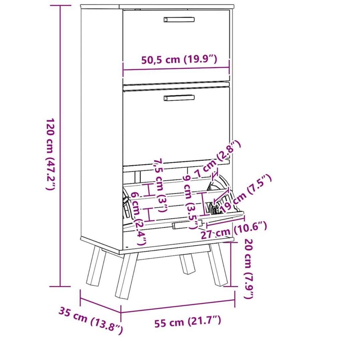 VIDAXL Armoire a chaussures OLDEN marron 55x35x120 cm bois pin massif