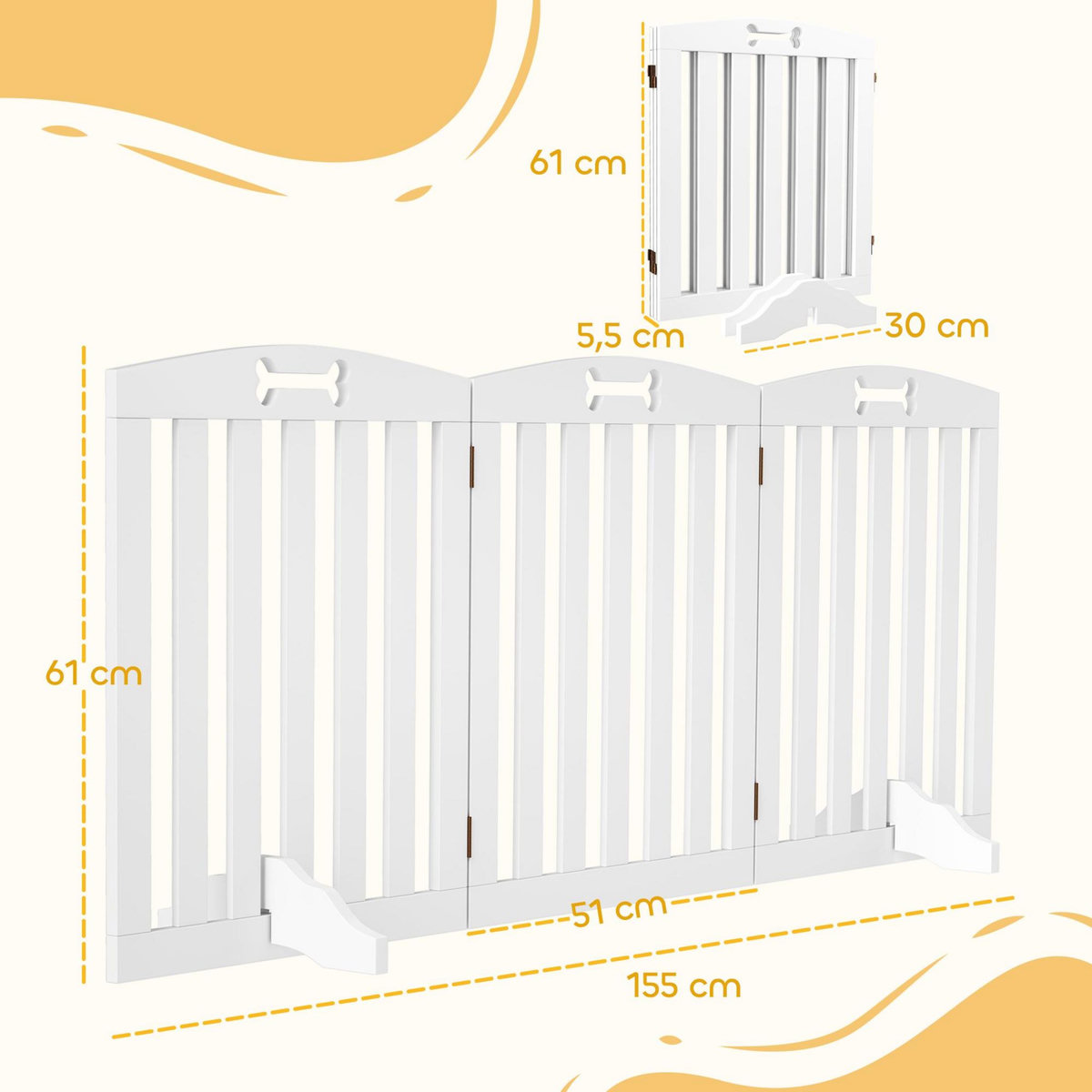 PAWHUT Barrière de sécurité chien pliable adaptable motif os - piètement support antidérapant - 155 x 30 x 61 cm - MDF blanc