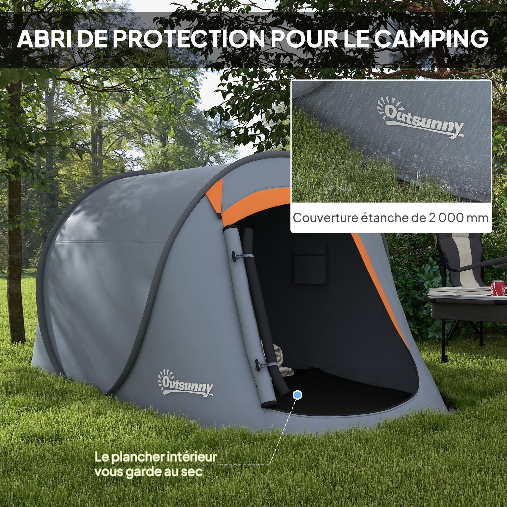 Voir la diapositive 6 : OUTSUNNY Tente de camping automatique pop-up 2-3 pers. Étanchéité 2000 mm sac gris