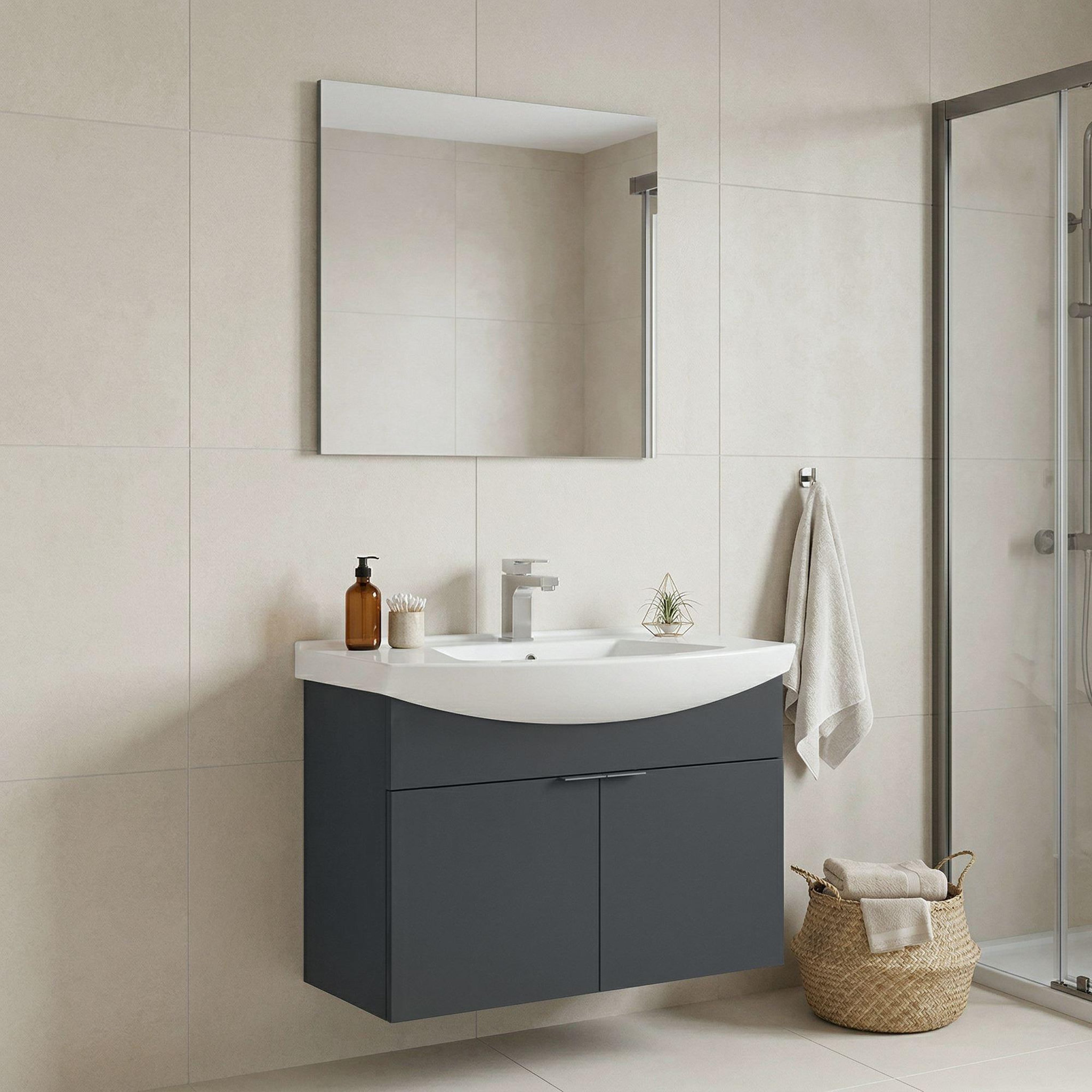 Voir la diapositive 2 : Habitat et Jardin Meuble avec simple vasque et miroir  Purus 80  - 80 x 50 x 58 cm - Matte Anthracite