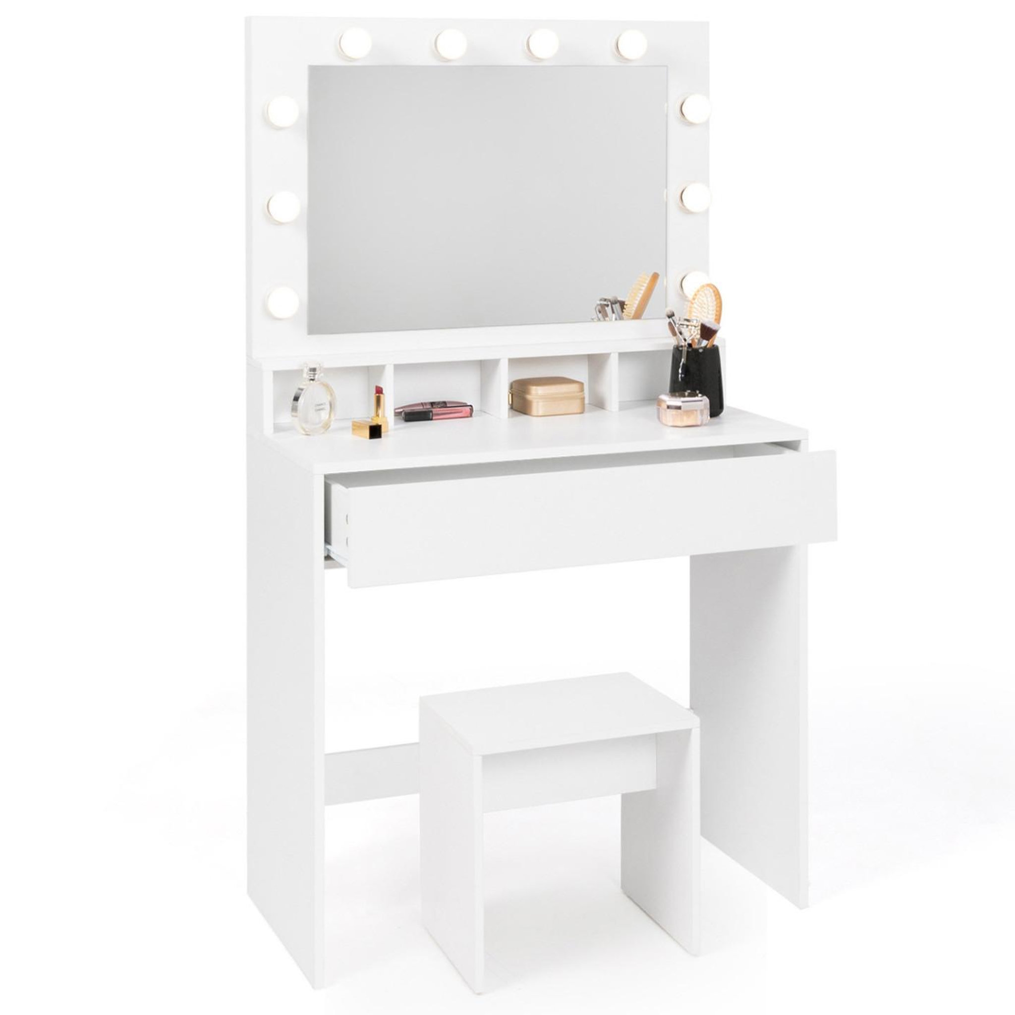 ID MARKET Coiffeuse zelia miroir led avec 4 niches, 1 tiroir et tabouret
