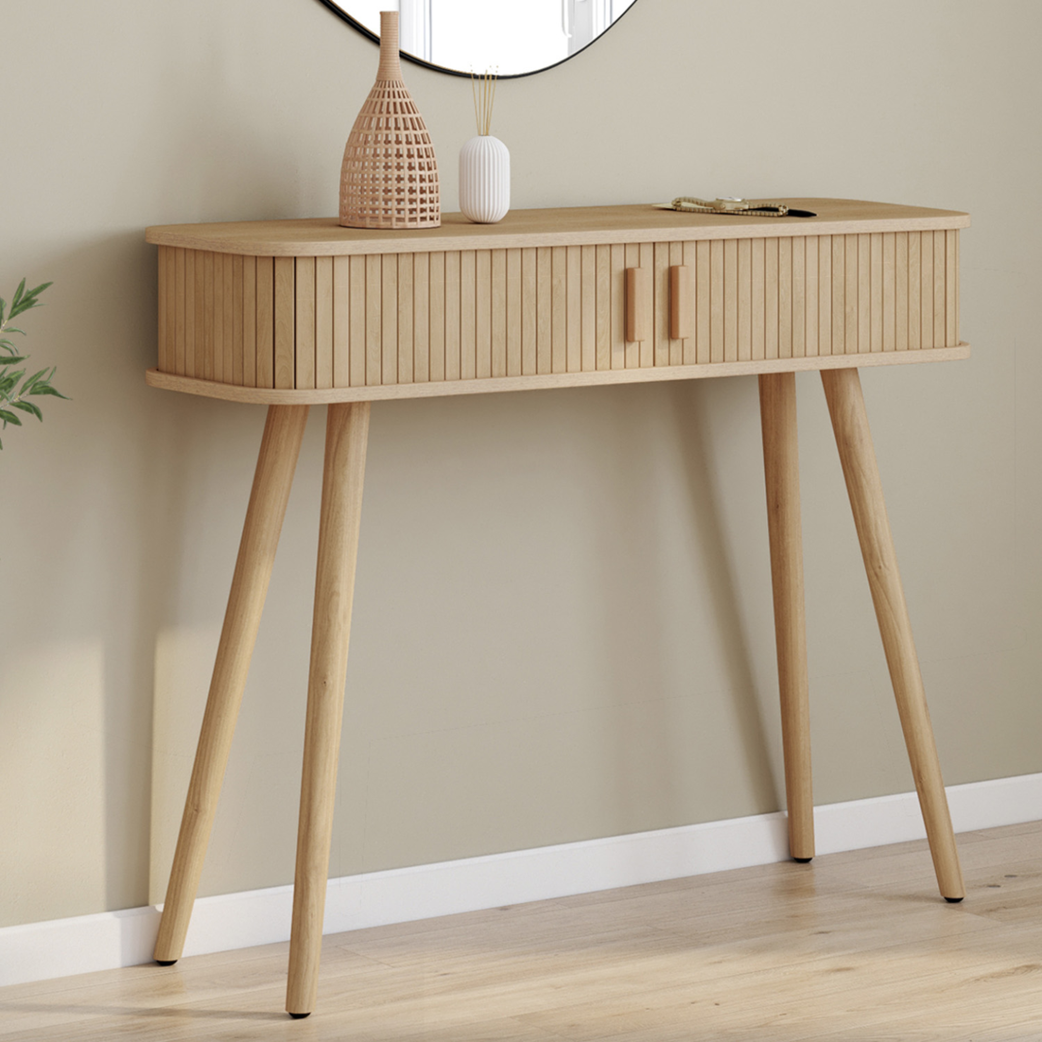 Voir la diapositive 2 : ID MARKET Console 2 portes coulissantes romie lattes tasseau bois coloris chêne