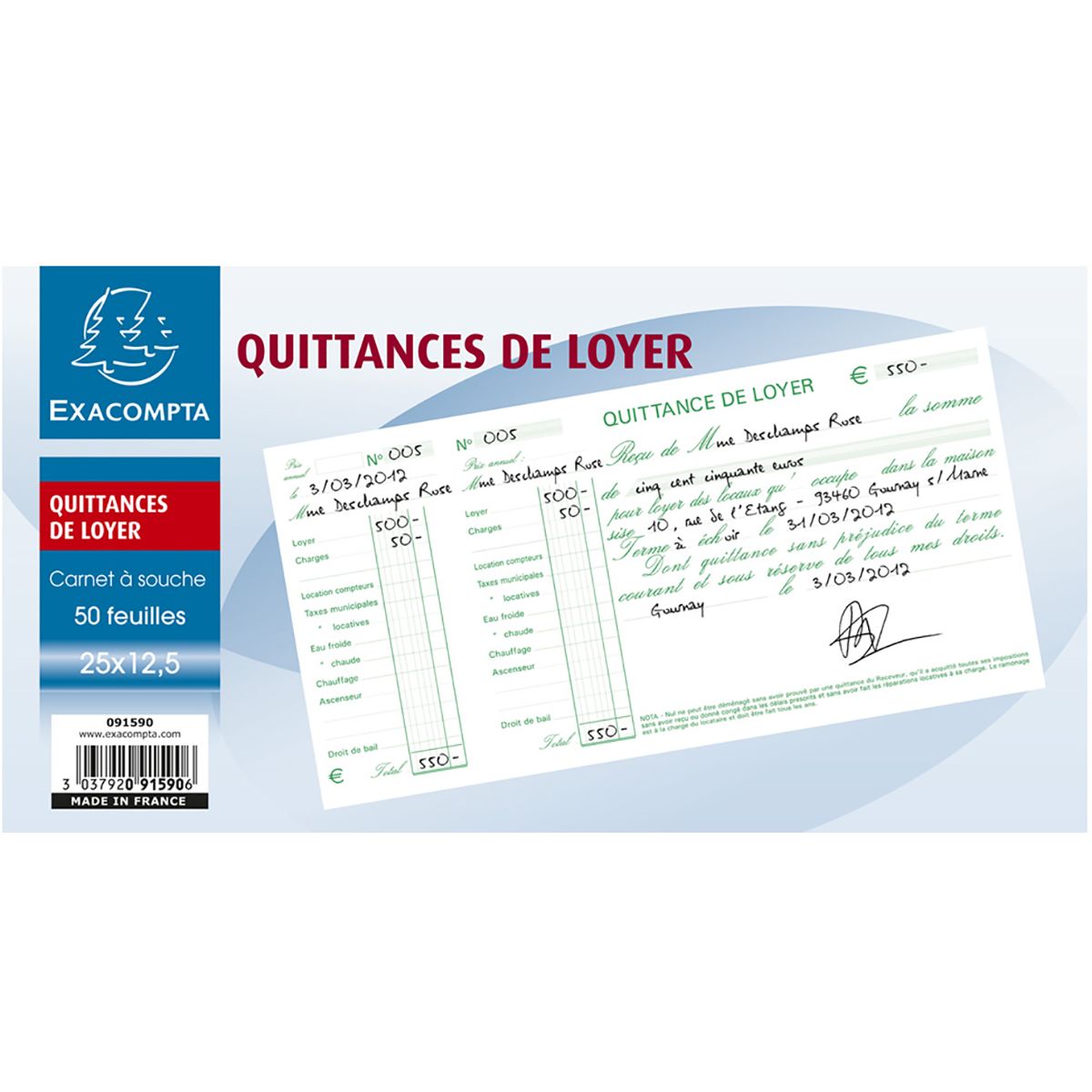 EXACOMPTA Manifold 12.5x25cm - 50 feuilles - Quittance de loyer