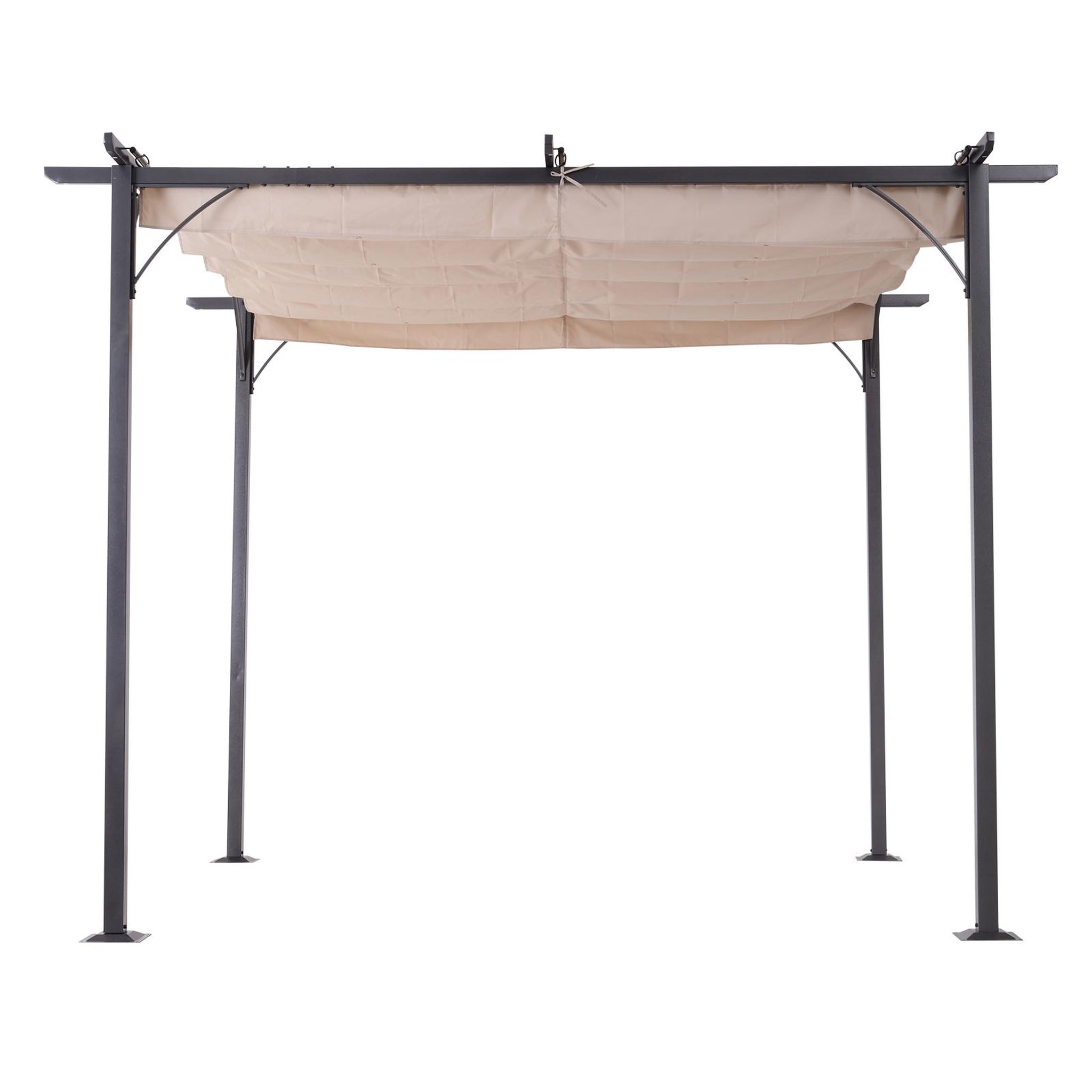Voir la diapositive 2 : OUTSUNNY Pergola rétractable 3L x 3l x 2,30H m structure métal époxy anticorrosion noire + toile polyester haute densité 180 g/m² incluse beige