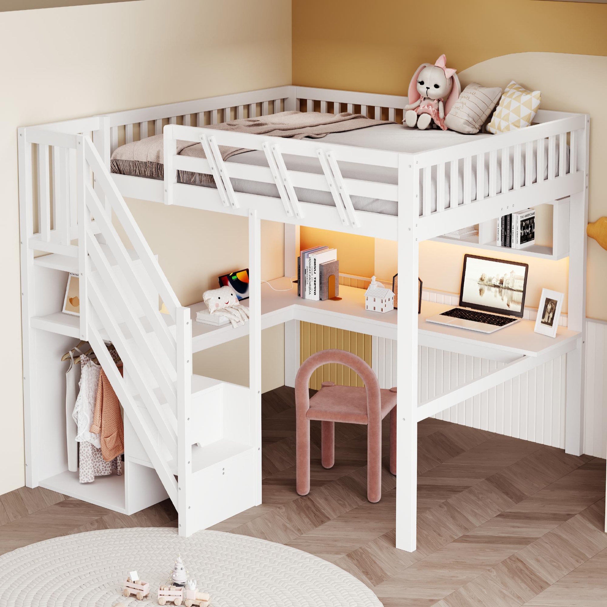 Voir la diapositive 5 : MERAX Lit mezzanine 140x200 cm coloris blanc led bois massif