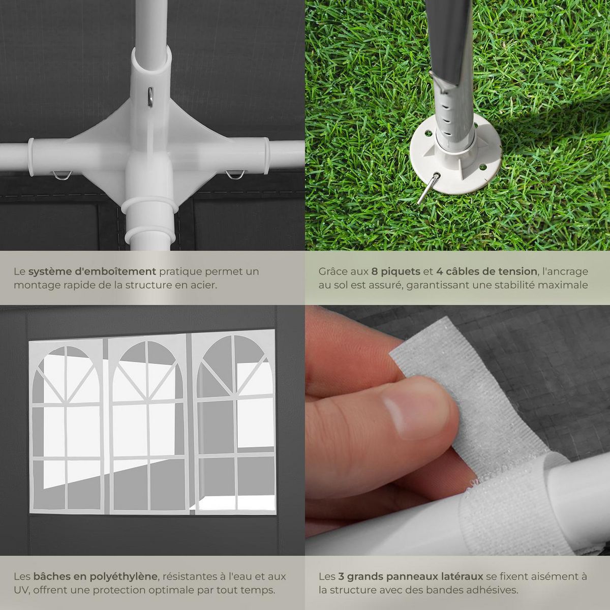 tectake Pavillon 3 x 3 m avec système d'emboîtement gris