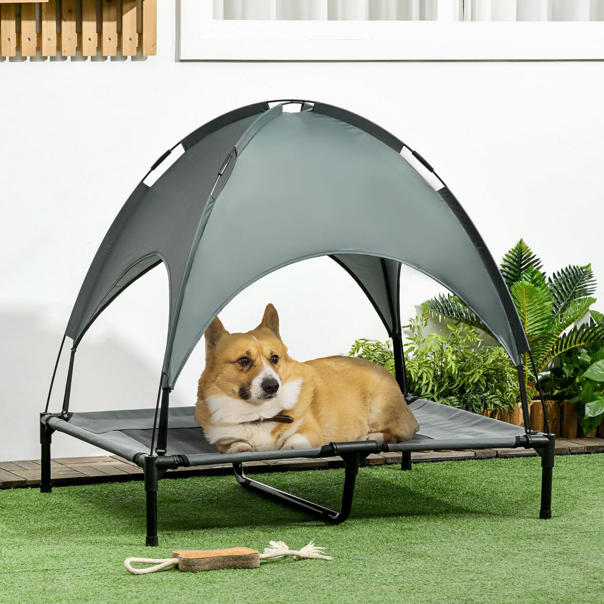 PAWHUT Lit pour chien chat sur pieds lit de camp lit surélevé rafraîchissant velum anti-UV Oxford micro-perforé parasol et sac de transport inclus dim. 92L x 76l x 90H cm gris noir