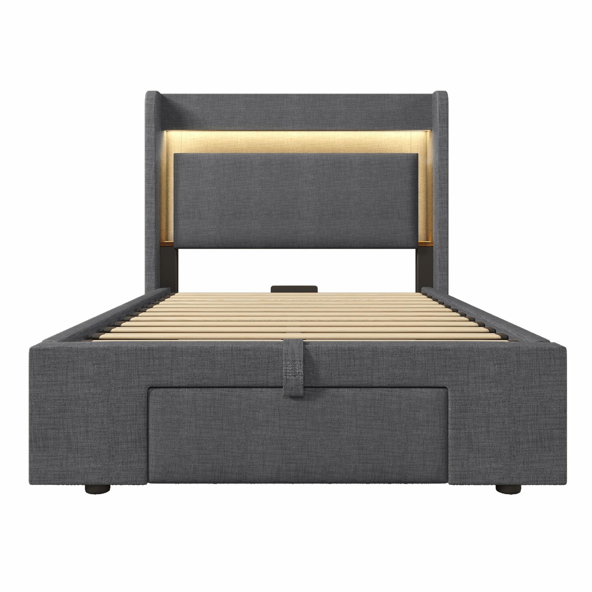Voir la diapositive 6 : MERAX Lit coffre 90x200 cm en lin avec tête de lit rangement led usb usb-c et sommier à lattes