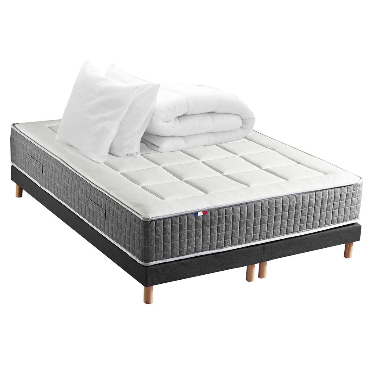 IDLITERIE Ensemble Matelas Ressort 7 zones H.28cm + Sommier + couette + oreillers Fabriqué en France MAX
