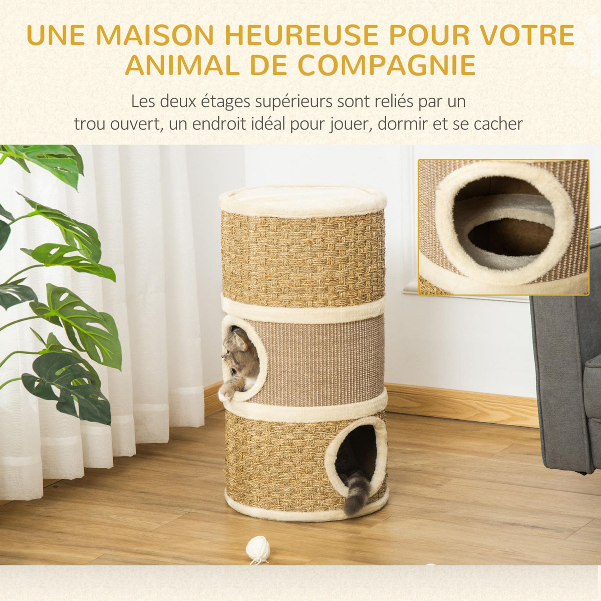 PAWHUT Arbre à chat cylindrique - tour à griffer pour chat - arbre à chat tour - Tonneau griffoir - 3 niches + plateforme - sisal corde d'algues beige