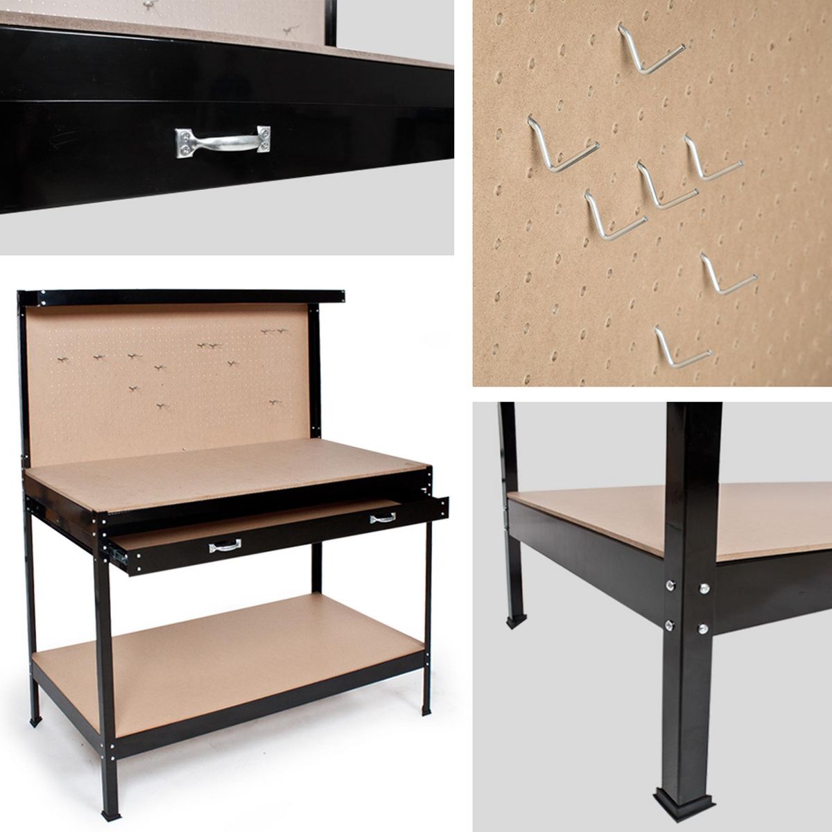 tectake Établi avec panneau perforé noir