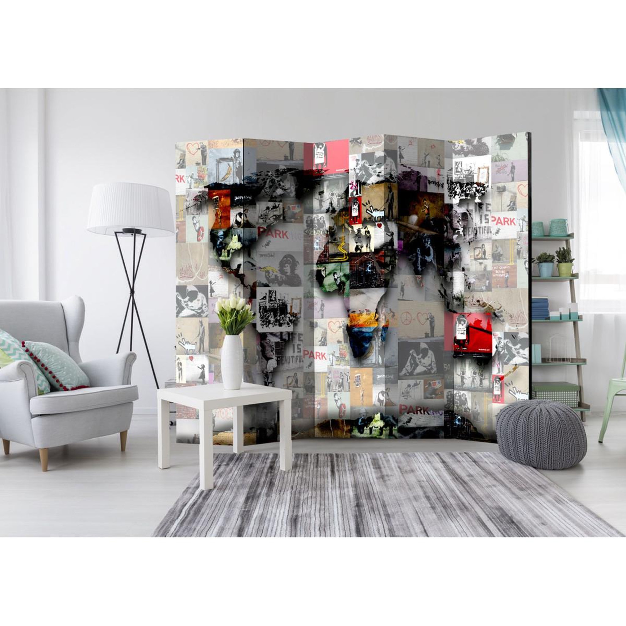 Voir la diapositive 2 : Paris Prix Paravent 5 volets   world map - banksy  172x225cm