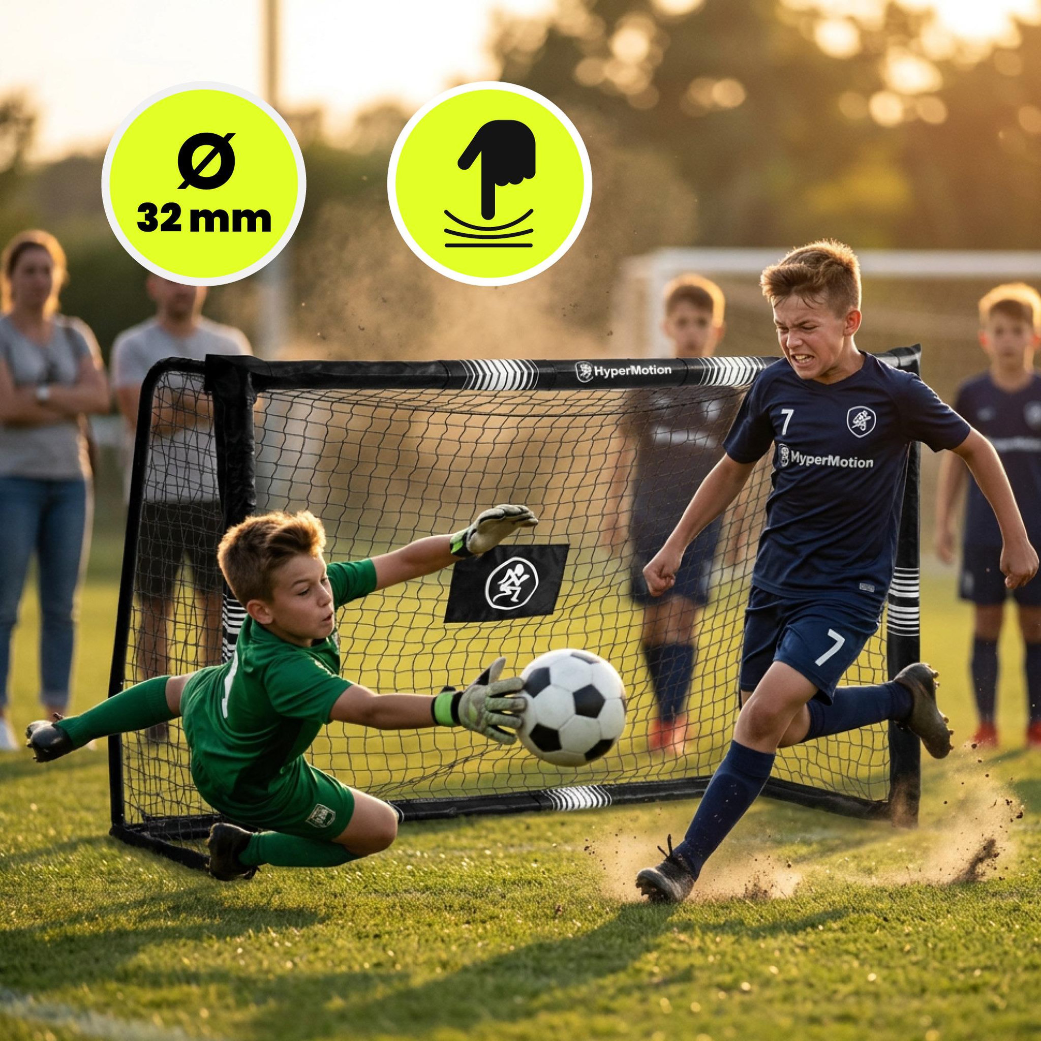 Voir la diapositive 6 : HYPERMOTION But de Football HyperMotion - Cage Bois 180x120 cm, Filet PE résistant, 5 Ancrages, Montage Rapide.