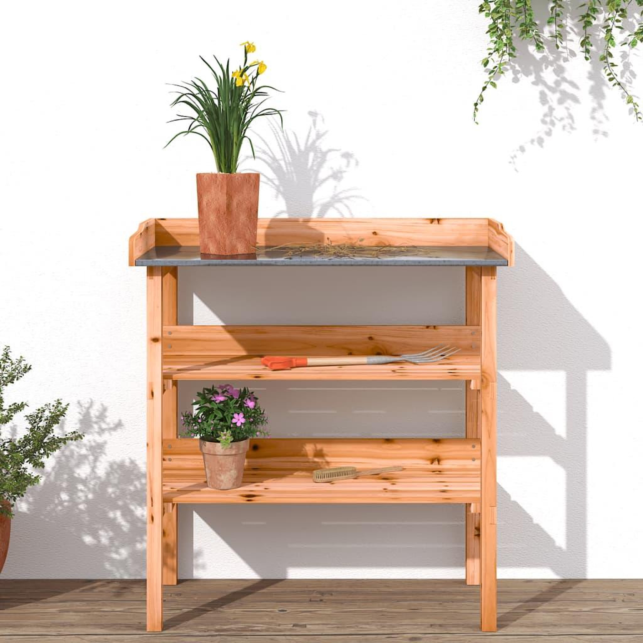 Voir la diapositive 3 : VIDAXL Table a plantes avec etageres marron 78x38x82,5cm bois de sapin