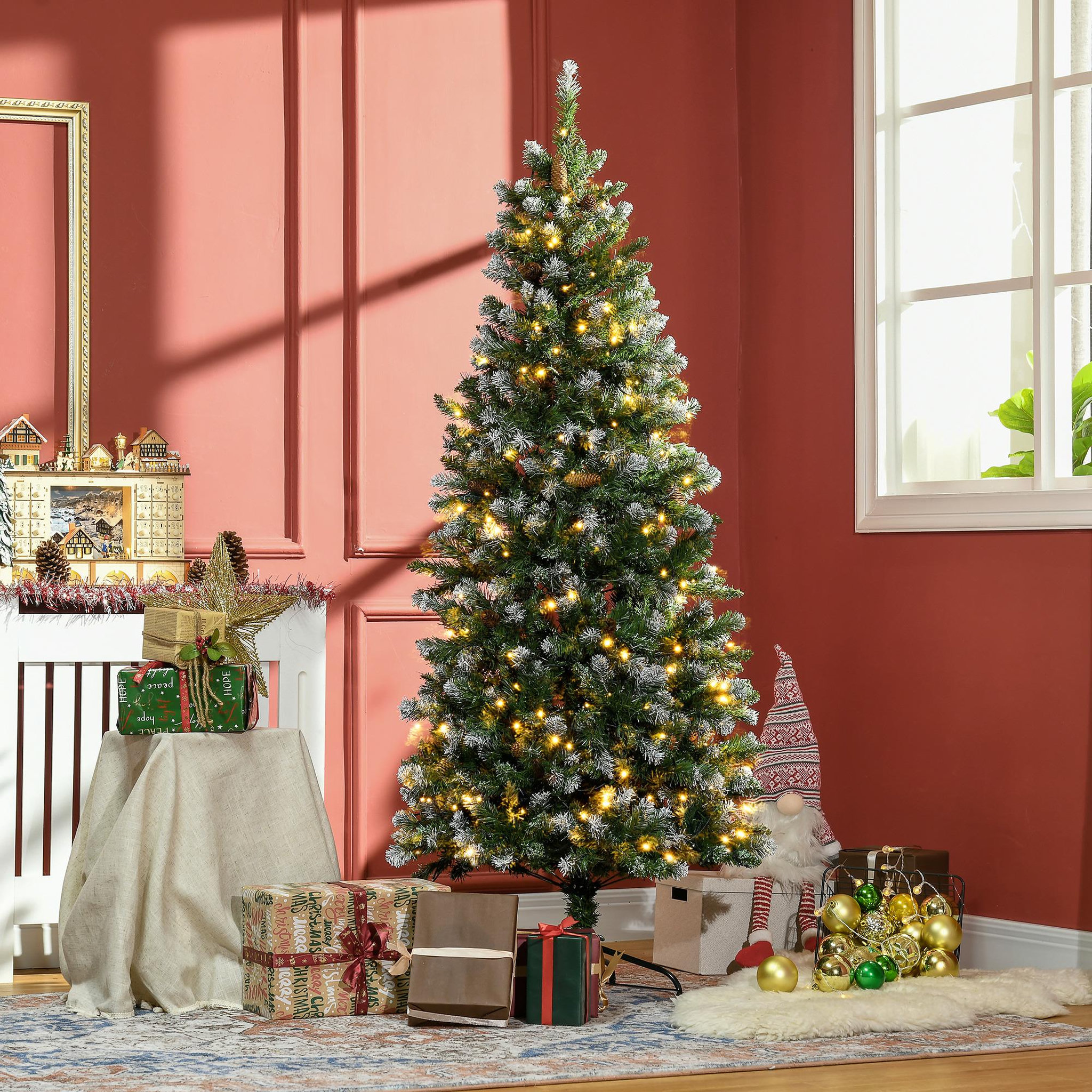 Voir la diapositive 2 : HOMCOM Sapin de Noël artificiel lumineux LED x 250 blanc chaud 30 pommes de pin H. 180 cm 703 branches vert effet neige