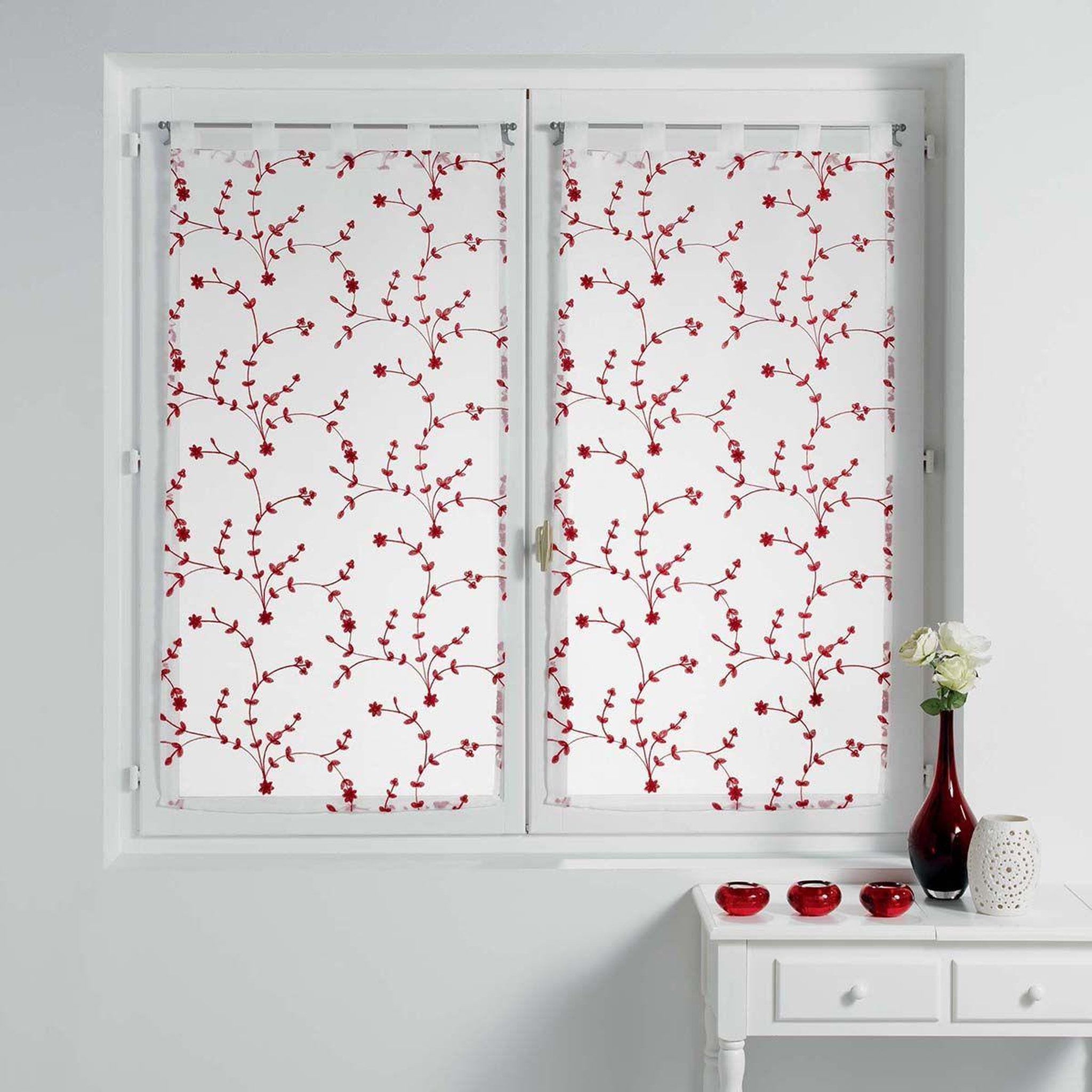 Douceur d'Intérieur Paire de voilages  petite fleur  60x90cm blanc & rouge