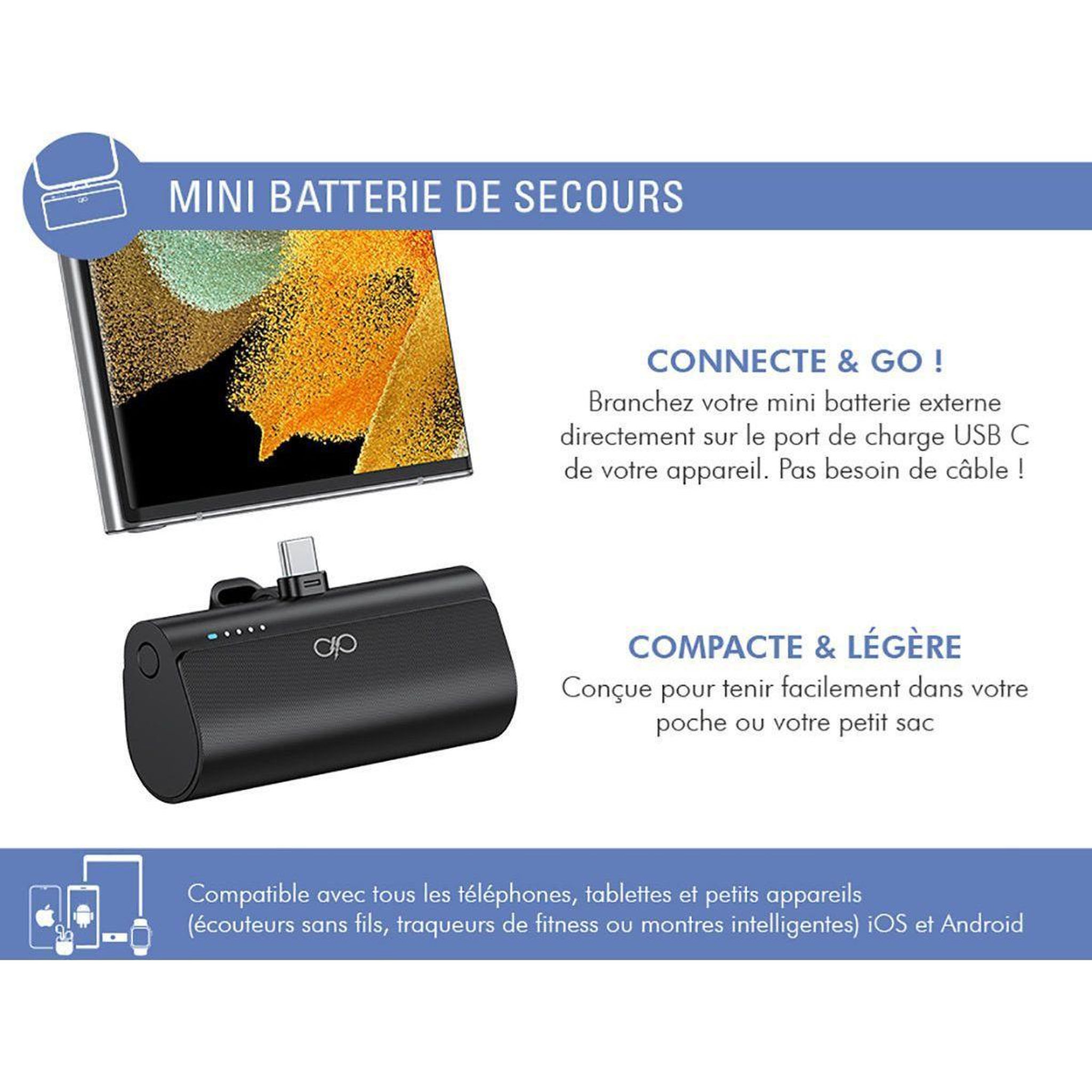 Voir la diapositive 3 : FORCE POWER Batterie externe 5000mah usb-c avec connecteur noir