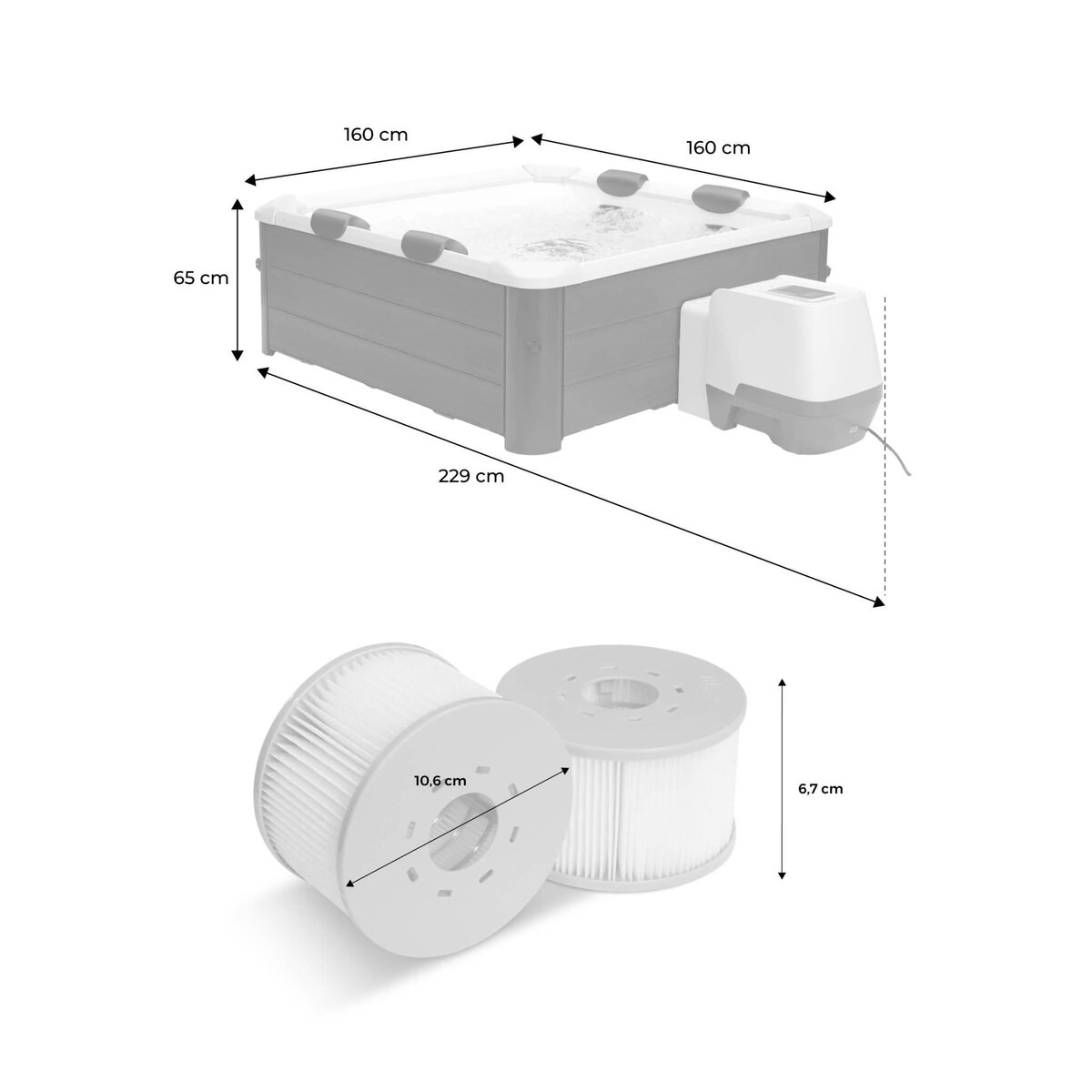 MSpa Spa rigide MSPA 6 places 4 coussins hydromassages. 8 filtres + bâche incluse 180 cm x 65 cm