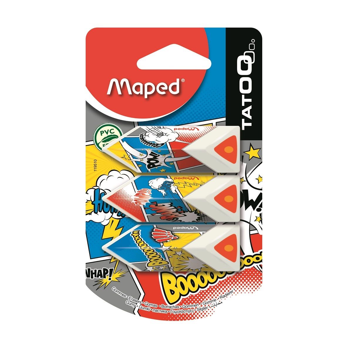 MAPED  Lot de 3 gommes pyramides Tatoo décors assortis Explosif