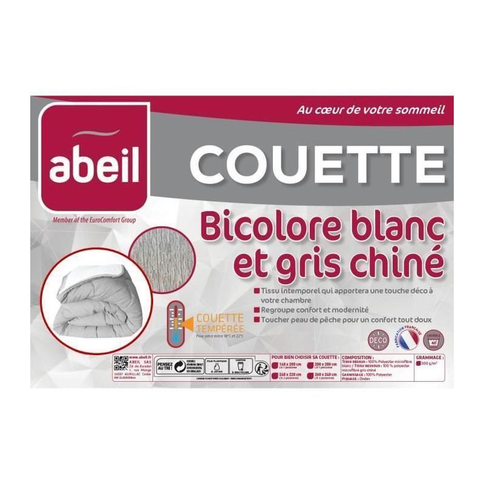 Voir la diapositive 4 : ABEIL ABEIL Couette temperee BICOLORE 220x240cm - Blanc + Gris chine