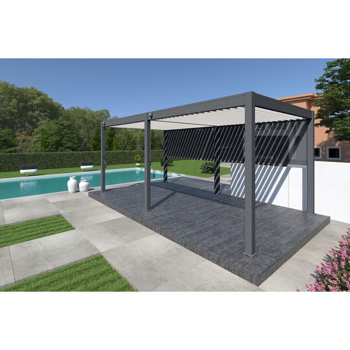 Pergola Bioclimatique autoportée 3x6 m - Aluminium Anthracite/blanc -  VS OmBREA®