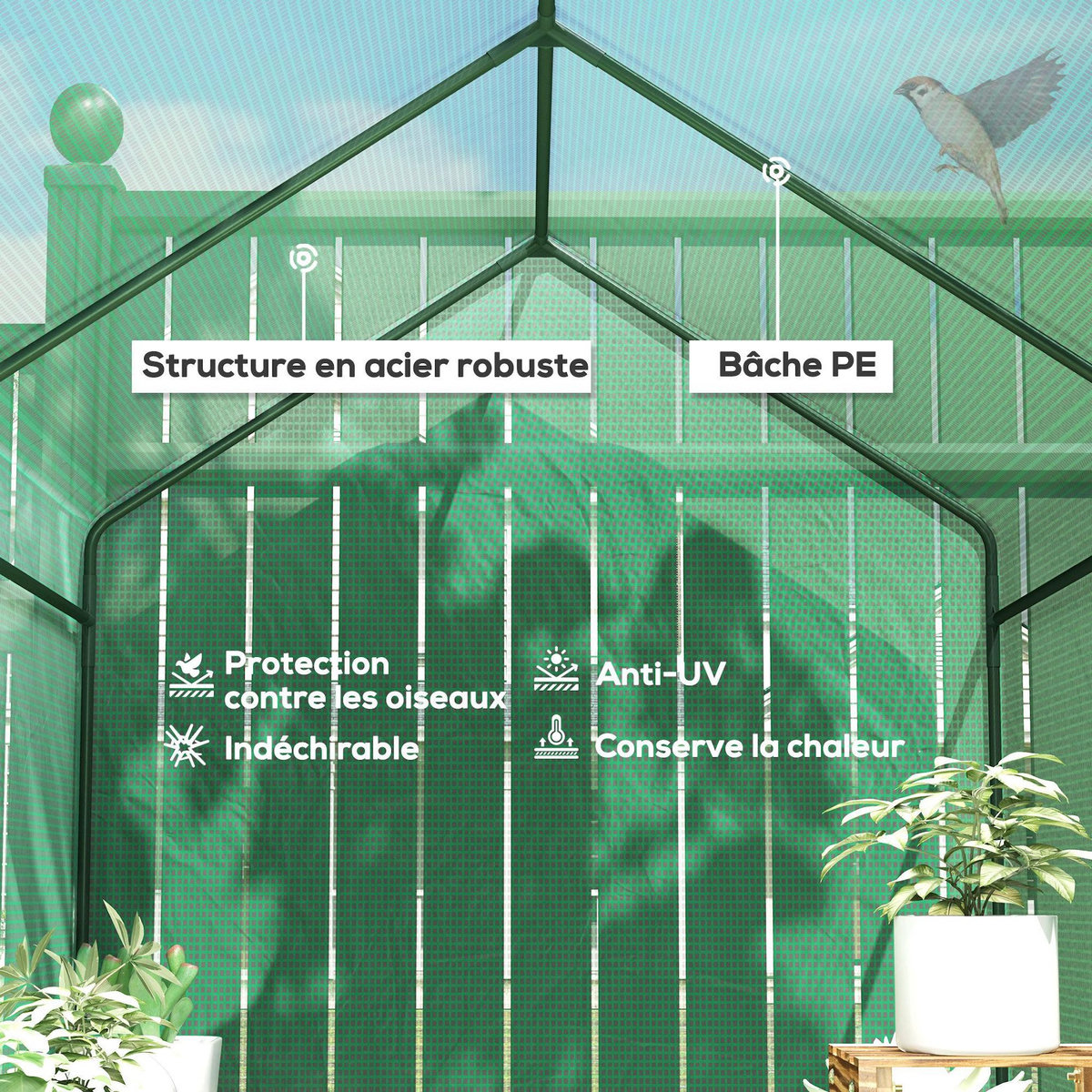 OUTSUNNY Serre de jardin 2 tablettes dim. 1,86L x 1,2l x 1,9H m porte déroulante acier PE haute densité 140 g/m² vert