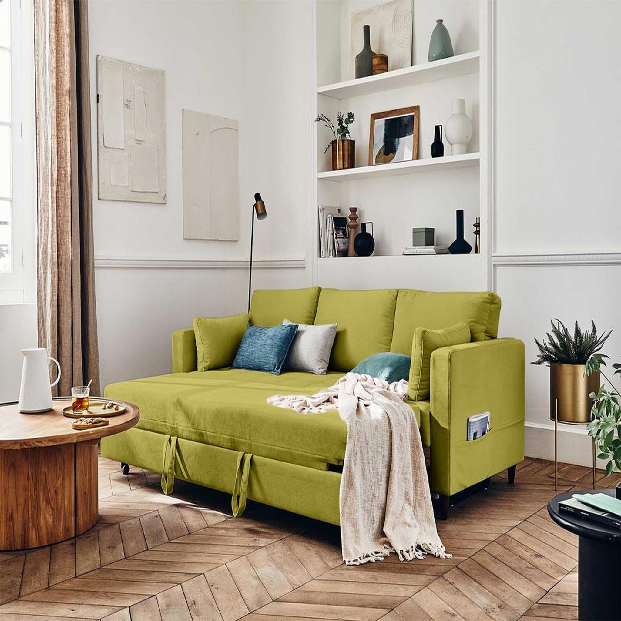 Voir la diapositive 2 : BEST MOBILIER Anna - canapé droit 3 places convertible avec poche en velours