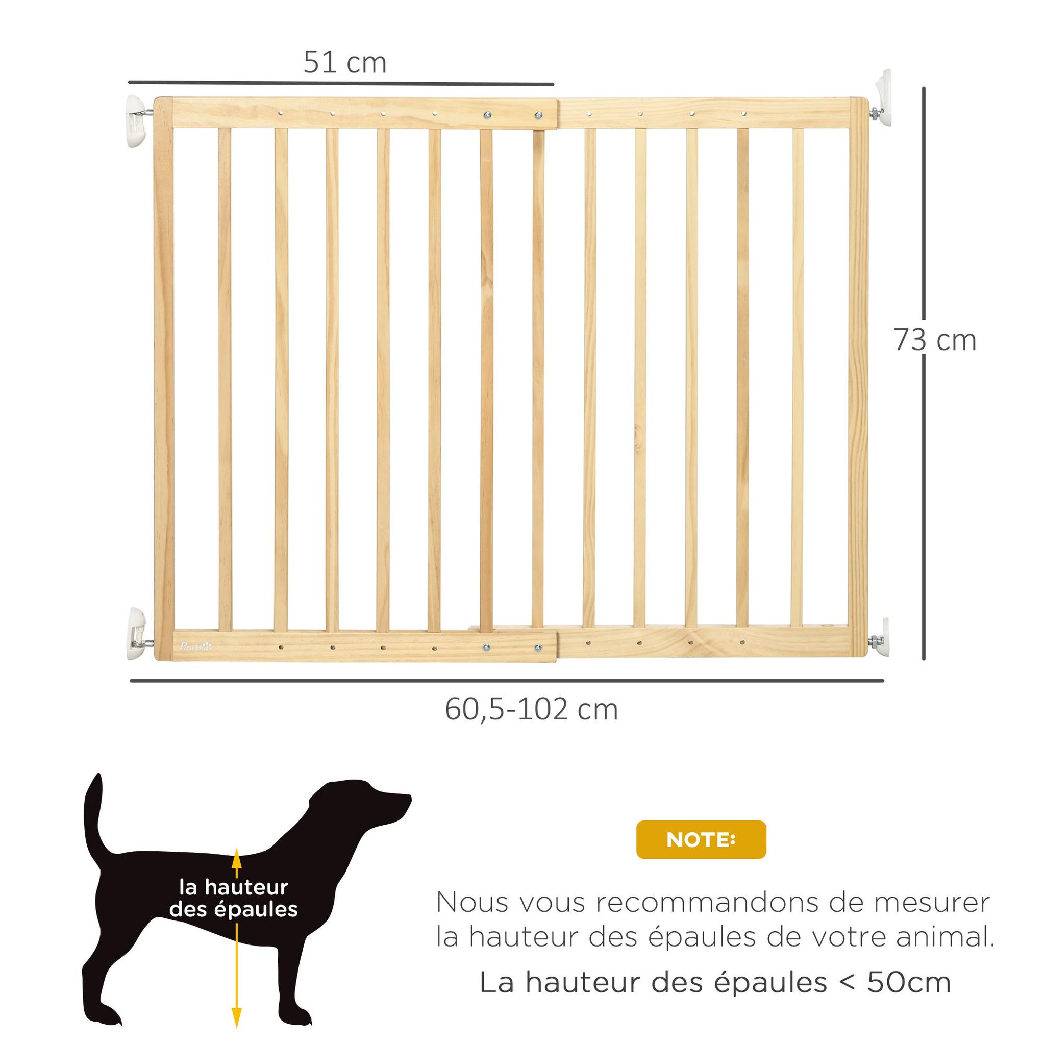 Voir la diapositive 3 : PAWHUT Barrière de sécurité animaux - longueur réglable dim. 60,5-102 cm - porte verrouillable, ouverture double sens - bois de pin