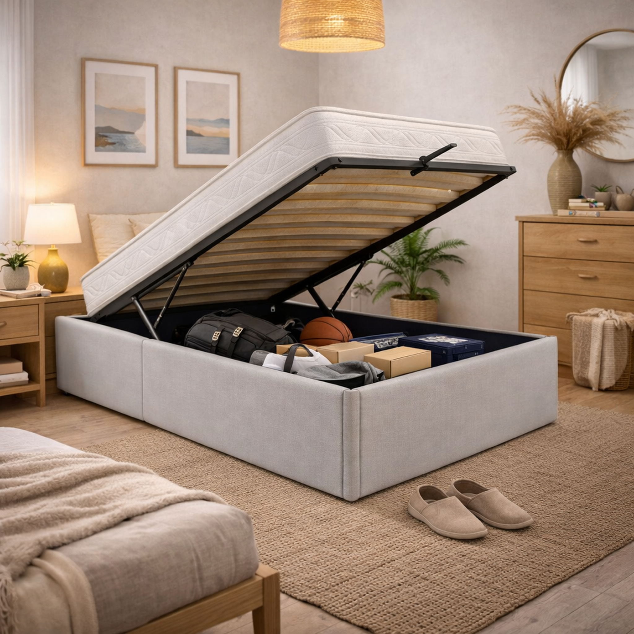 Voir la diapositive 1 : KING OF DREAMS Ensemble Lit Coffre et Matelas  Soutien Ferme Mousse