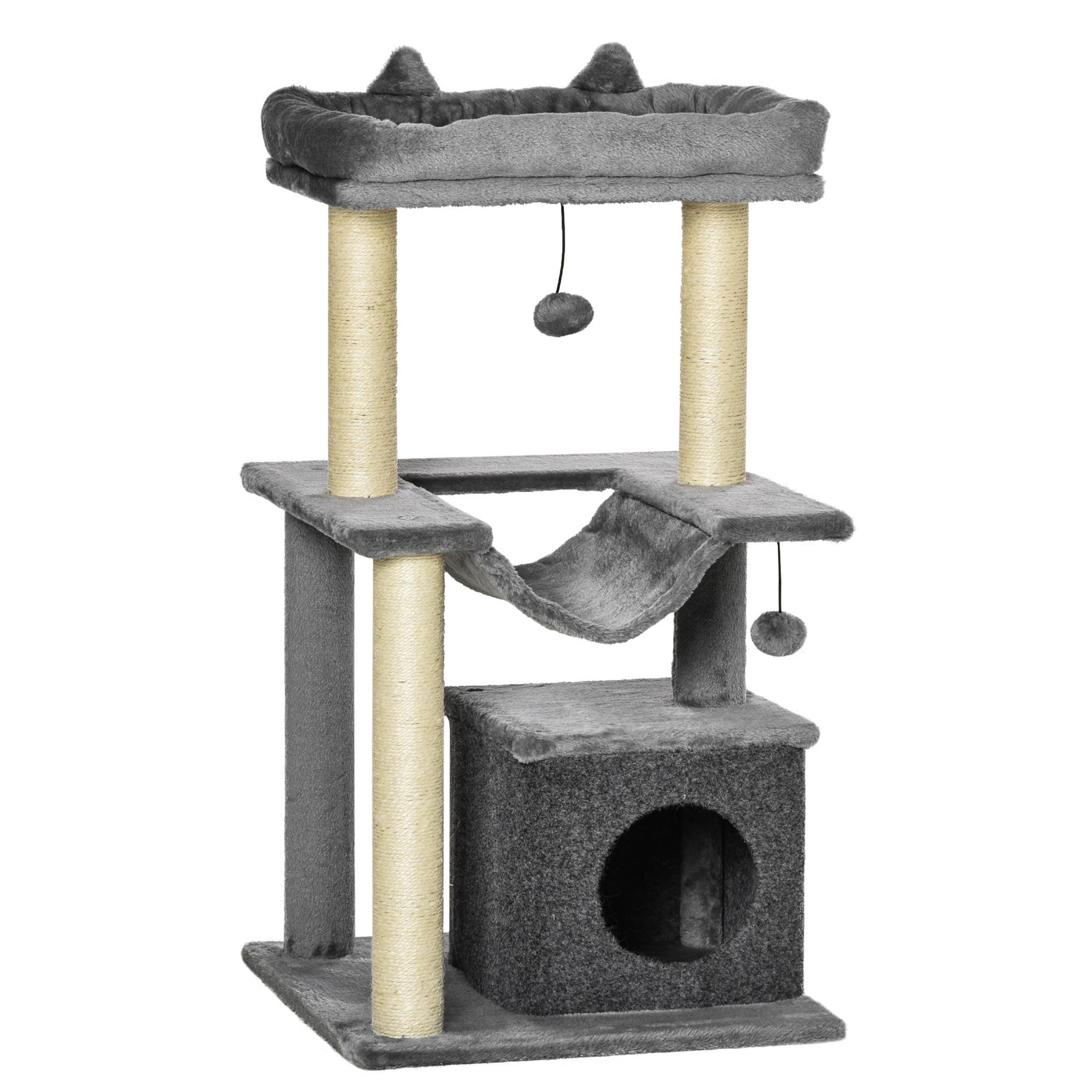 PAWHUT Arbre à chat h.90cm - griffoirs, plateforme d'observation, niche, hamac, boules suspendues - gris