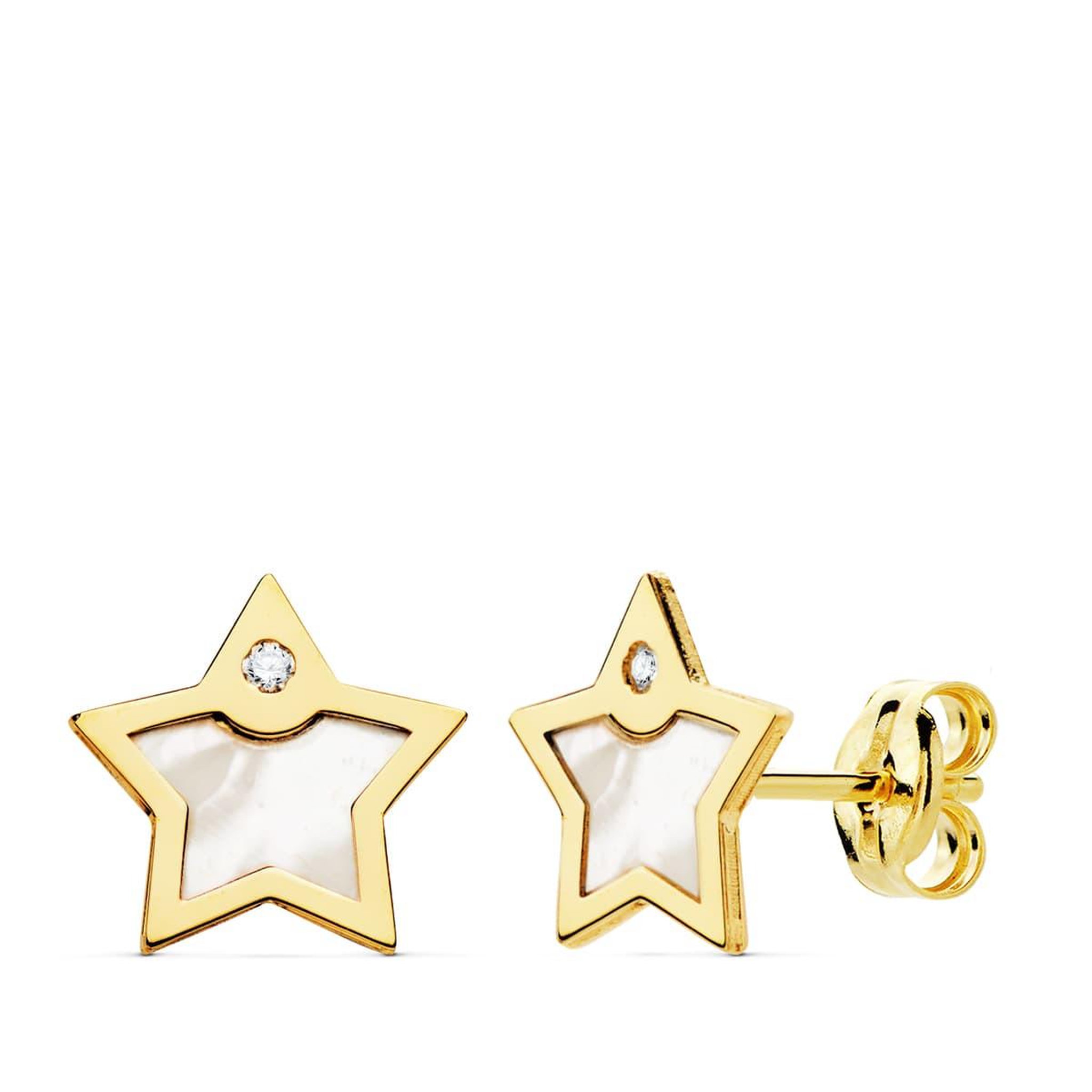 L'ATELIER D'AZUR Boucles d'Oreilles Or 18 Carats 750 Jaune - Nacre et Zirconiums - Etoiles