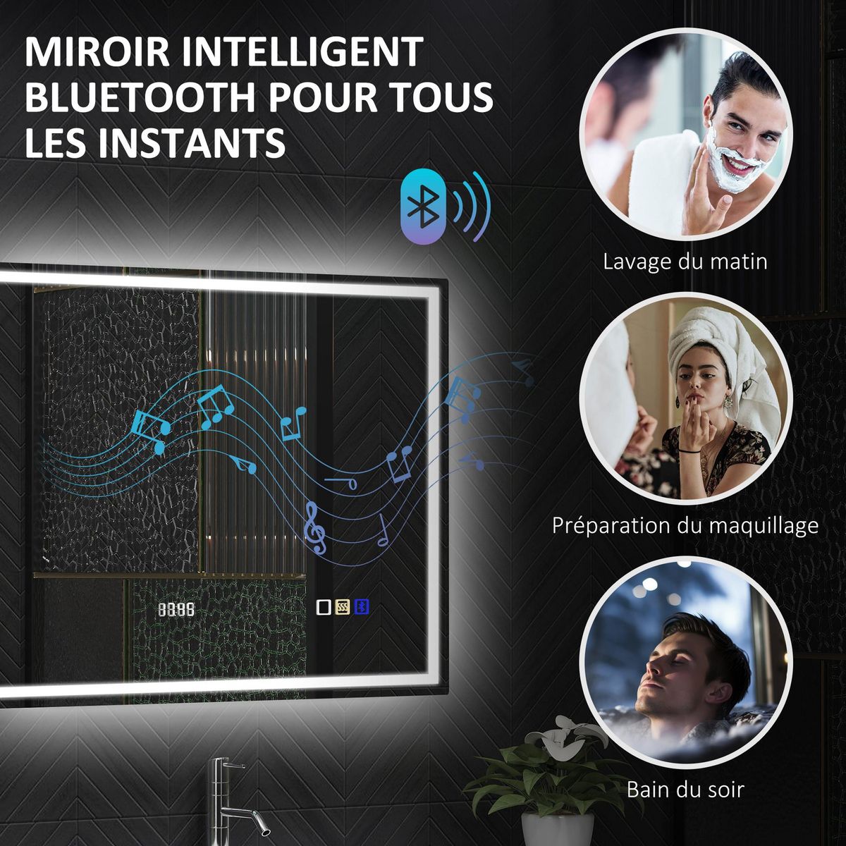 HOMCOM Miroir lumineux LED salle de bain 80 x 60 cm bluetooth interrupteur tactile lumière réglable 3 couleurs fonction anti-buée et mémoire